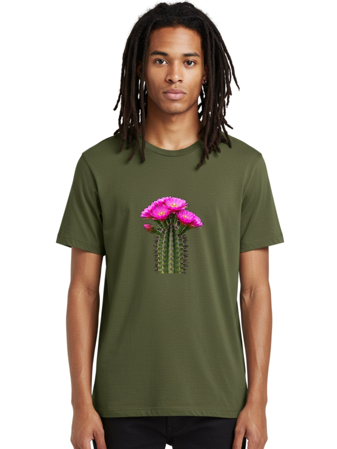 Cactus-With-Pink-Flowers Men'S Graphic Tee, 100% Cotton, Comfortable Casual Summer Wear, Machine Washable, Cactus With Pink Flowers, Vibrant Floral Display, Sharp Spines, Desert Plant, Flowering Cactus, Pink Petals, Yellow Center, Trichocereus Bac763 25