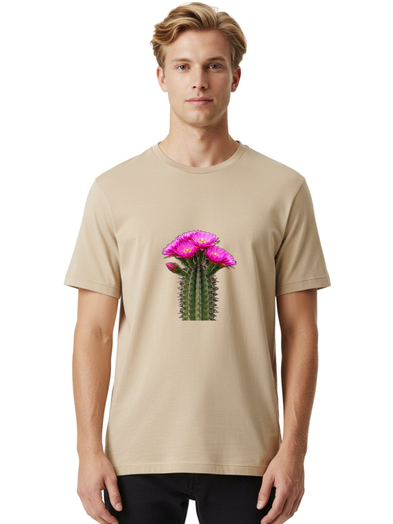 Cactus-With-Pink-Flowers Men'S Graphic Tee, 100% Cotton, Comfortable Casual Summer Wear, Machine Washable, Cactus With Pink Flowers, Vibrant Floral Display, Sharp Spines, Desert Plant, Flowering Cactus, Pink Petals, Yellow Center, Trichocereus Bac763 30