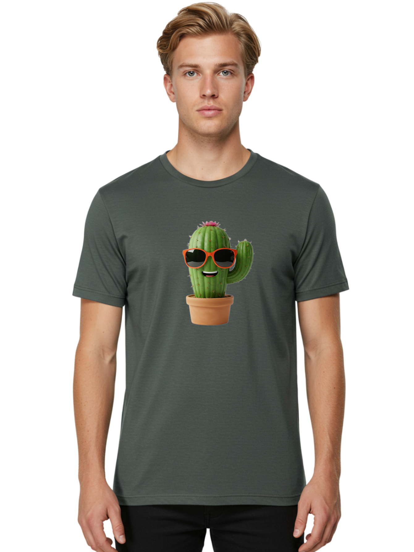 Cactus-With-Sunglasses Men'S Graphic Tee, 100% Cotton, Comfortable Casual Summer Wear, Machine Washable, Funny Cactus, Cartoon Character, Cactus In Sunglasses, Orange Shades, Happy Face, Potted Cactus, Red Sunglasses, Quirky Illustration, Bac767 23