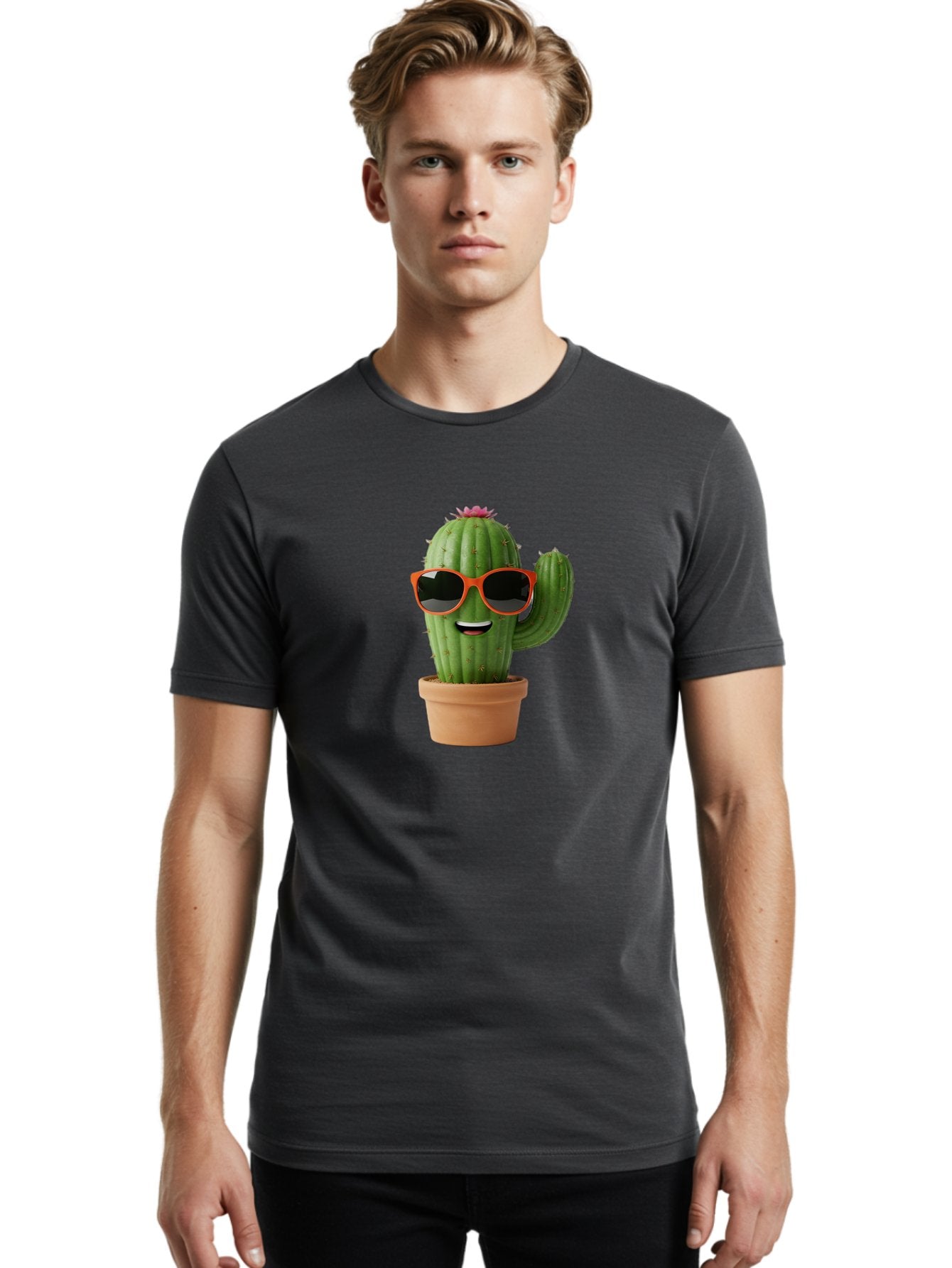 Cactus-With-Sunglasses Men'S Graphic Tee, 100% Cotton, Comfortable Casual Summer Wear, Machine Washable, Funny Cactus, Cartoon Character, Cactus In Sunglasses, Orange Shades, Happy Face, Potted Cactus, Red Sunglasses, Quirky Illustration, Bac767 17