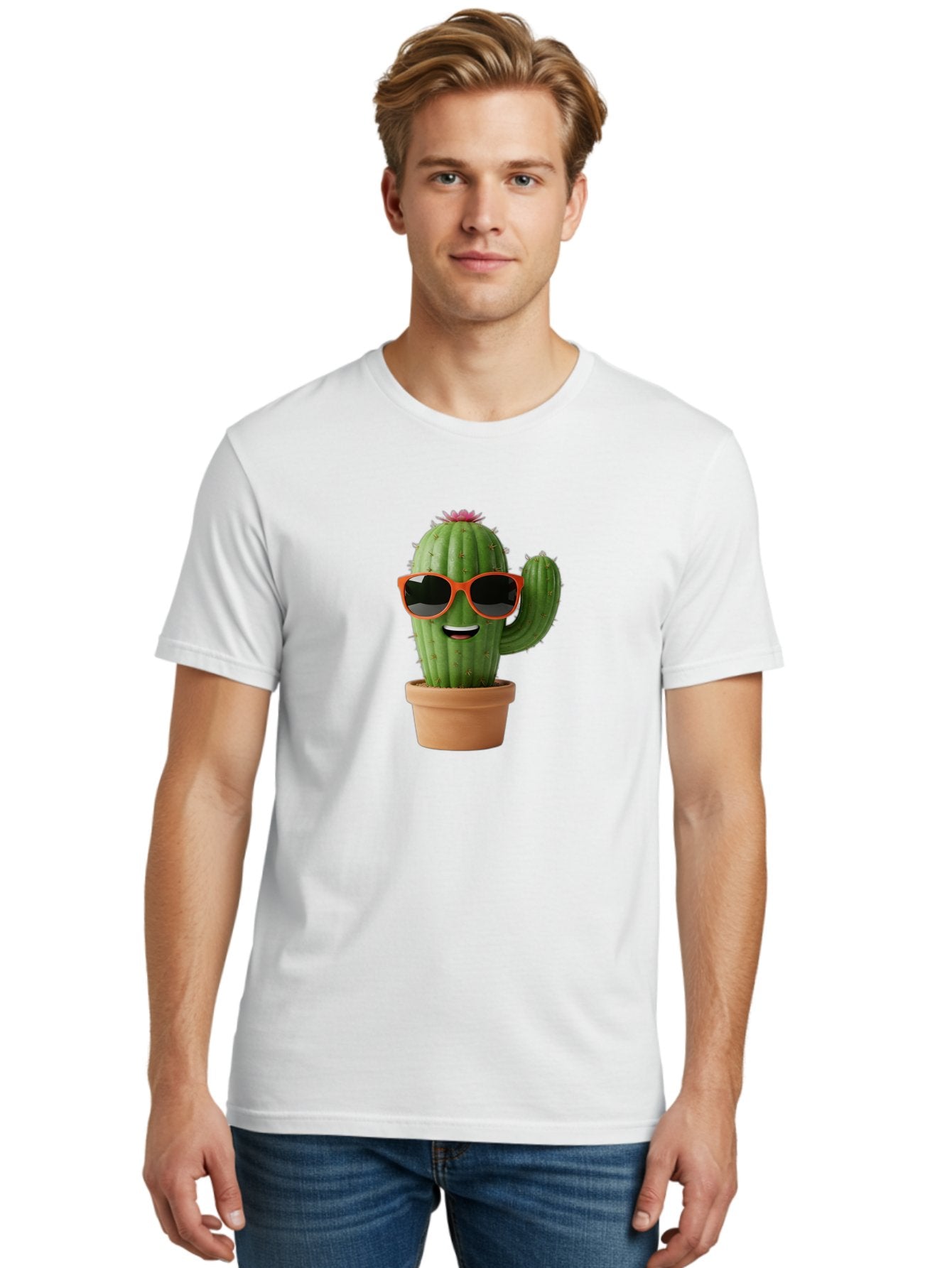 Cactus-With-Sunglasses Men'S Graphic Tee, 100% Cotton, Comfortable Casual Summer Wear, Machine Washable, Funny Cactus, Cartoon Character, Cactus In Sunglasses, Orange Shades, Happy Face, Potted Cactus, Red Sunglasses, Quirky Illustration, Bac767 20