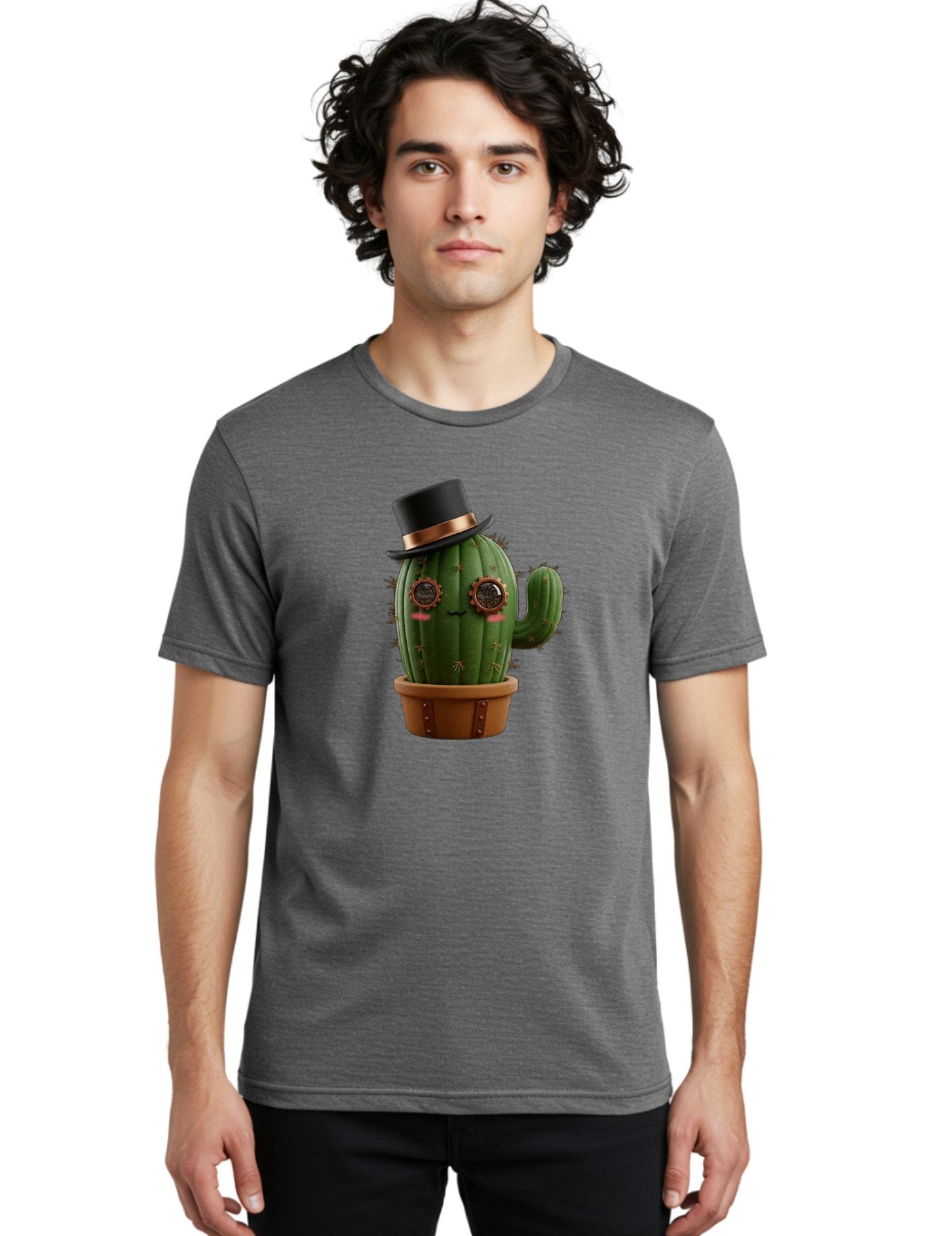 Cactus-With-Top-Hat Men'S Graphic Tee, 100% Cotton, Comfortable Casual Summer Wear, Machine Washable, Steampunk Cactus, Top Hat, Copper Accents, Vintage Vibe, Quirky Character, Fantasy Art, Unique Decor, Creative Design, Steampunk Style Bac768 30