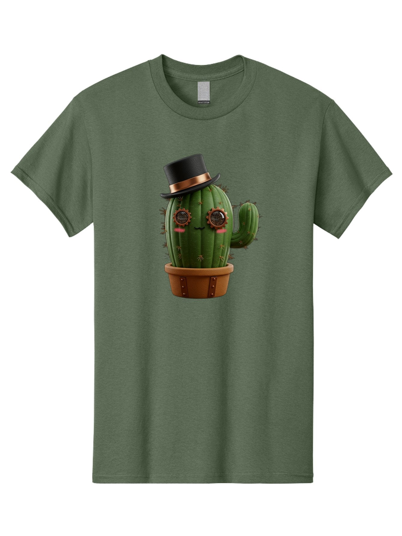 Cactus-With-Top-Hat Men'S Graphic Tee, 100% Cotton, Comfortable Casual Summer Wear, Machine Washable, Steampunk Cactus, Top Hat, Copper Accents, Vintage Vibe, Quirky Character, Fantasy Art, Unique Decor, Creative Design, Steampunk Style Bac768 4