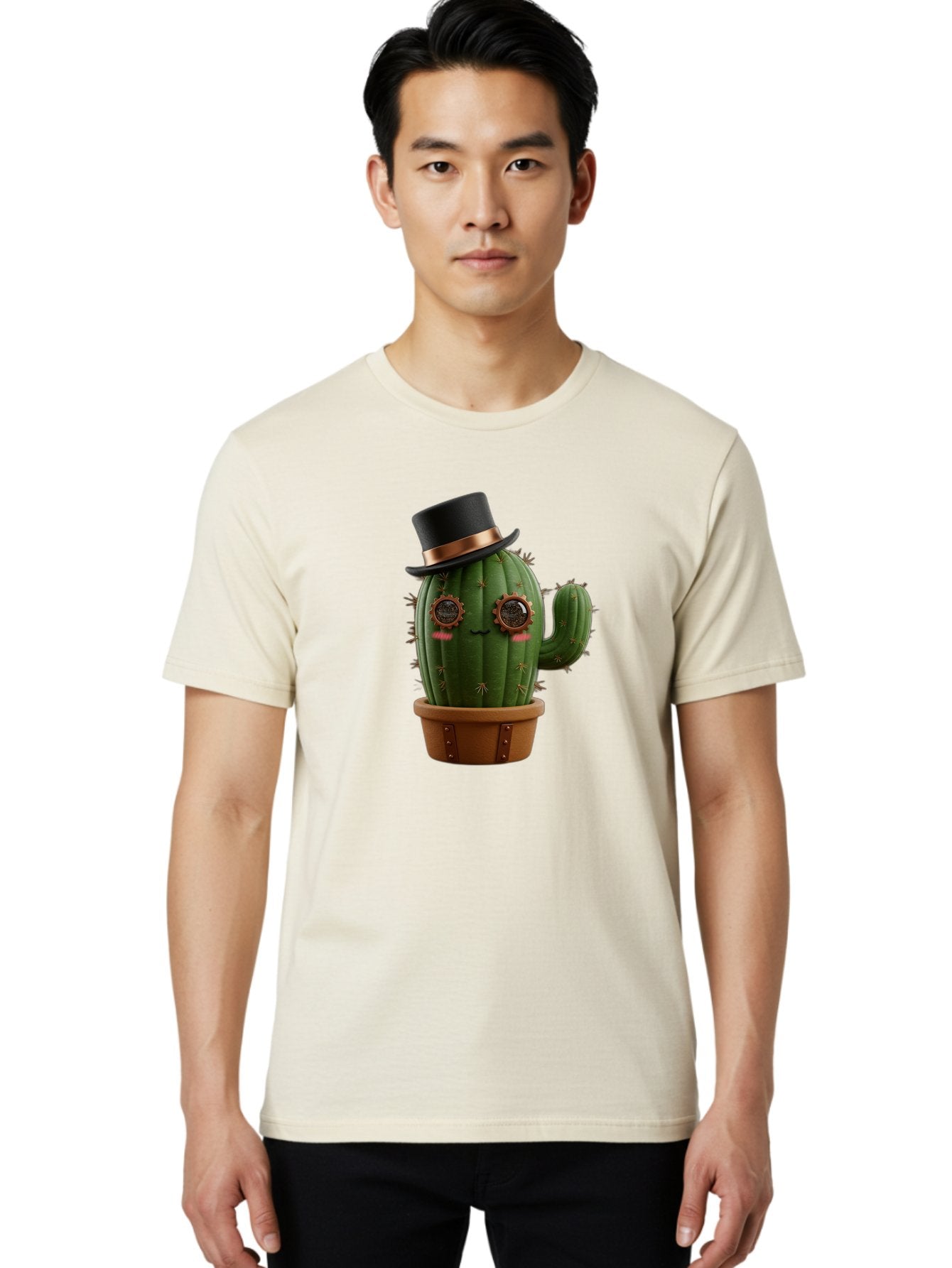 Cactus-With-Top-Hat Men'S Graphic Tee, 100% Cotton, Comfortable Casual Summer Wear, Machine Washable, Steampunk Cactus, Top Hat, Copper Accents, Vintage Vibe, Quirky Character, Fantasy Art, Unique Decor, Creative Design, Steampunk Style Bac768 17