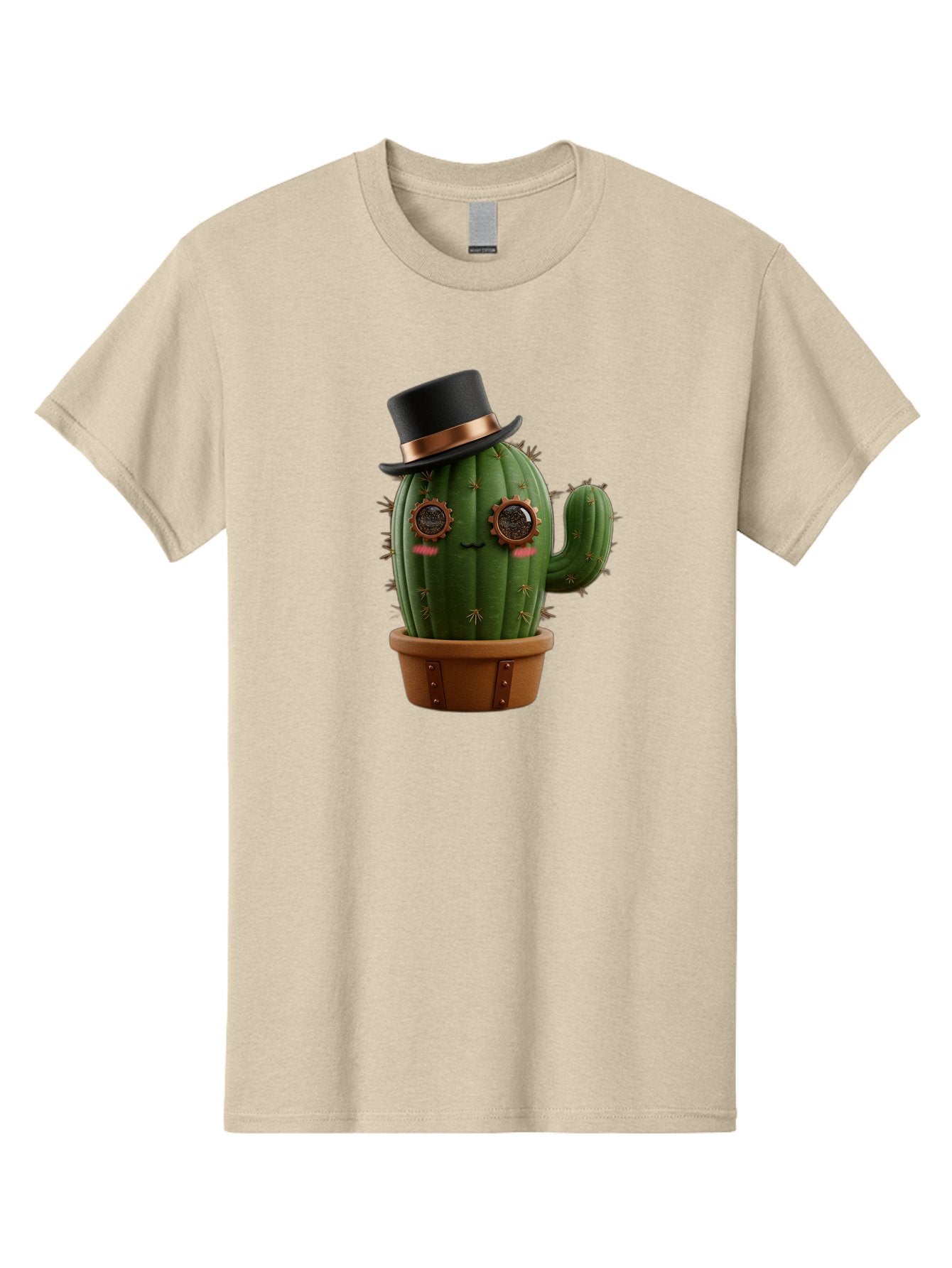 Cactus-With-Top-Hat Men'S Graphic Tee, 100% Cotton, Comfortable Casual Summer Wear, Machine Washable, Steampunk Cactus, Top Hat, Copper Accents, Vintage Vibe, Quirky Character, Fantasy Art, Unique Decor, Creative Design, Steampunk Style Bac768