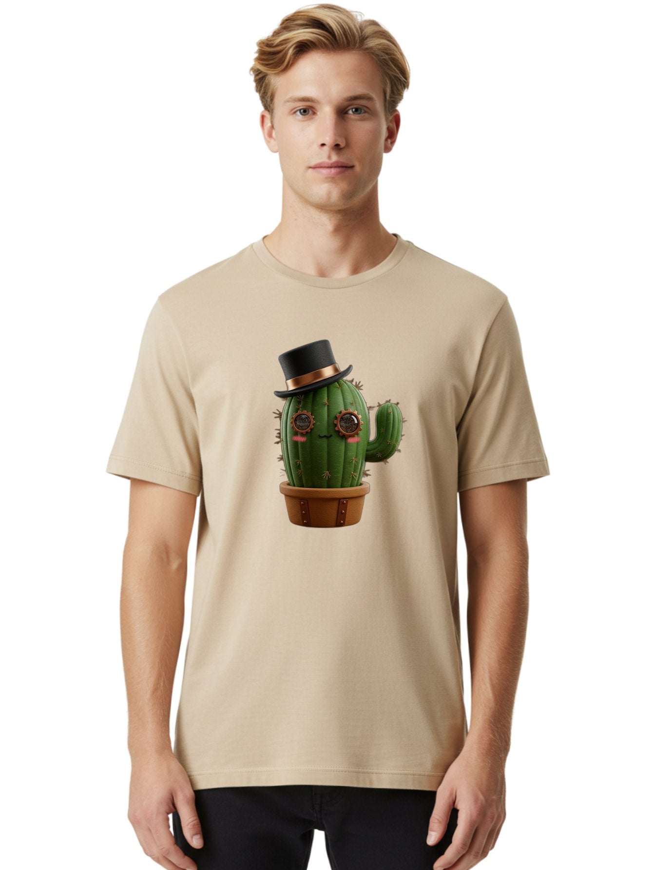 Cactus-With-Top-Hat Men'S Graphic Tee, 100% Cotton, Comfortable Casual Summer Wear, Machine Washable, Steampunk Cactus, Top Hat, Copper Accents, Vintage Vibe, Quirky Character, Fantasy Art, Unique Decor, Creative Design, Steampunk Style Bac768 19