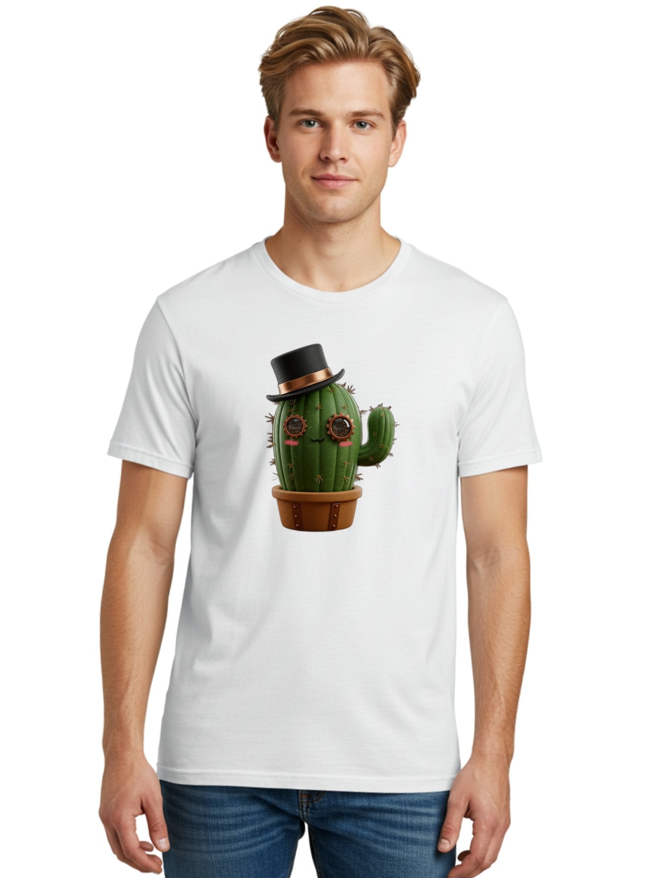 Cactus-With-Top-Hat Men'S Graphic Tee, 100% Cotton, Comfortable Casual Summer Wear, Machine Washable, Steampunk Cactus, Top Hat, Copper Accents, Vintage Vibe, Quirky Character, Fantasy Art, Unique Decor, Creative Design, Steampunk Style Bac768 26
