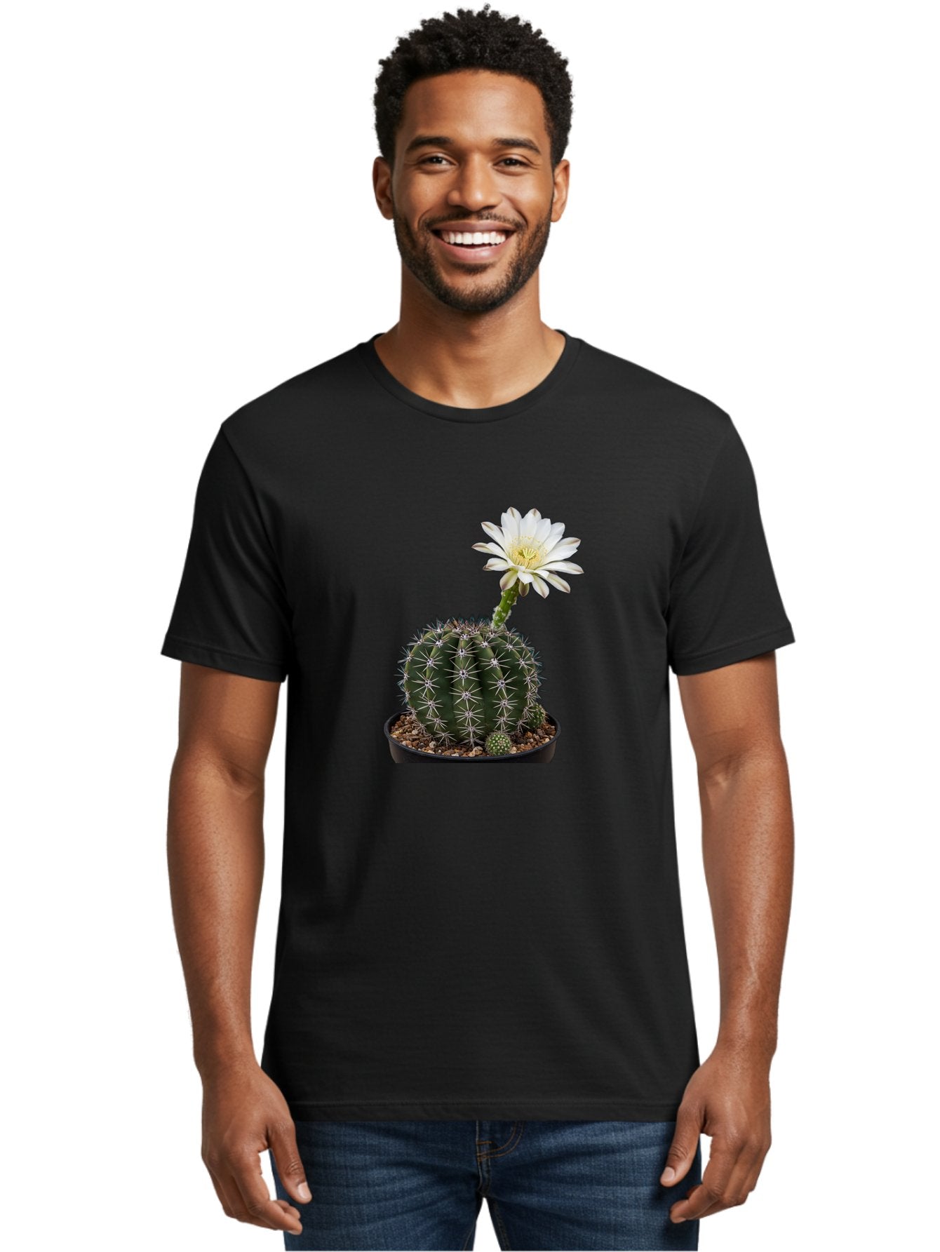 Cactus-With-White-Flower Men'S Graphic Tee, 100% Cotton, Comfortable Casual Summer Wear, Machine Washable, Cactus Plant, White Flower, Yellow Center, Spiky Texture, Potted Cactus, Succulent Bloom, Desert Flora, Floral Beauty, Cactus Flower, Bac769 29