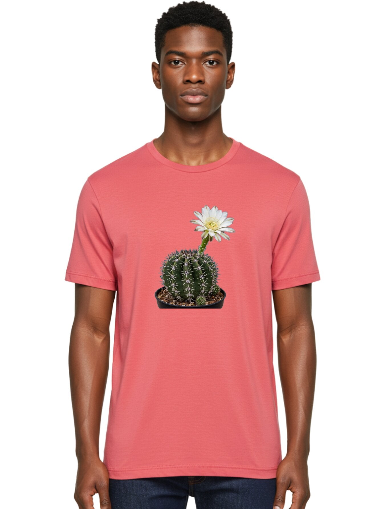 Cactus-With-White-Flower Men'S Graphic Tee, 100% Cotton, Comfortable Casual Summer Wear, Machine Washable, Cactus Plant, White Flower, Yellow Center, Spiky Texture, Potted Cactus, Succulent Bloom, Desert Flora, Floral Beauty, Cactus Flower, Bac769 22
