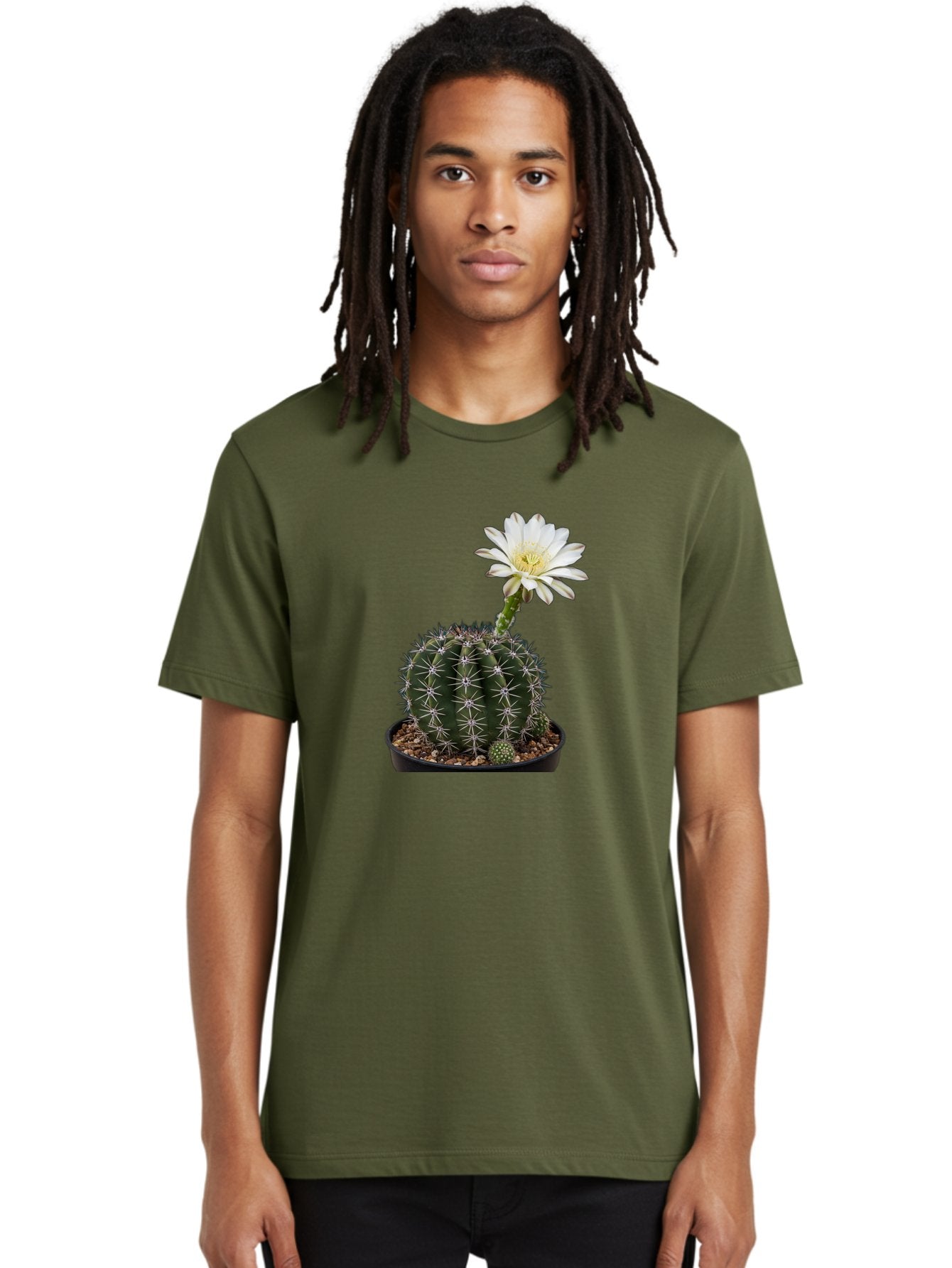 Cactus-With-White-Flower Men'S Graphic Tee, 100% Cotton, Comfortable Casual Summer Wear, Machine Washable, Cactus Plant, White Flower, Yellow Center, Spiky Texture, Potted Cactus, Succulent Bloom, Desert Flora, Floral Beauty, Cactus Flower, Bac769 30