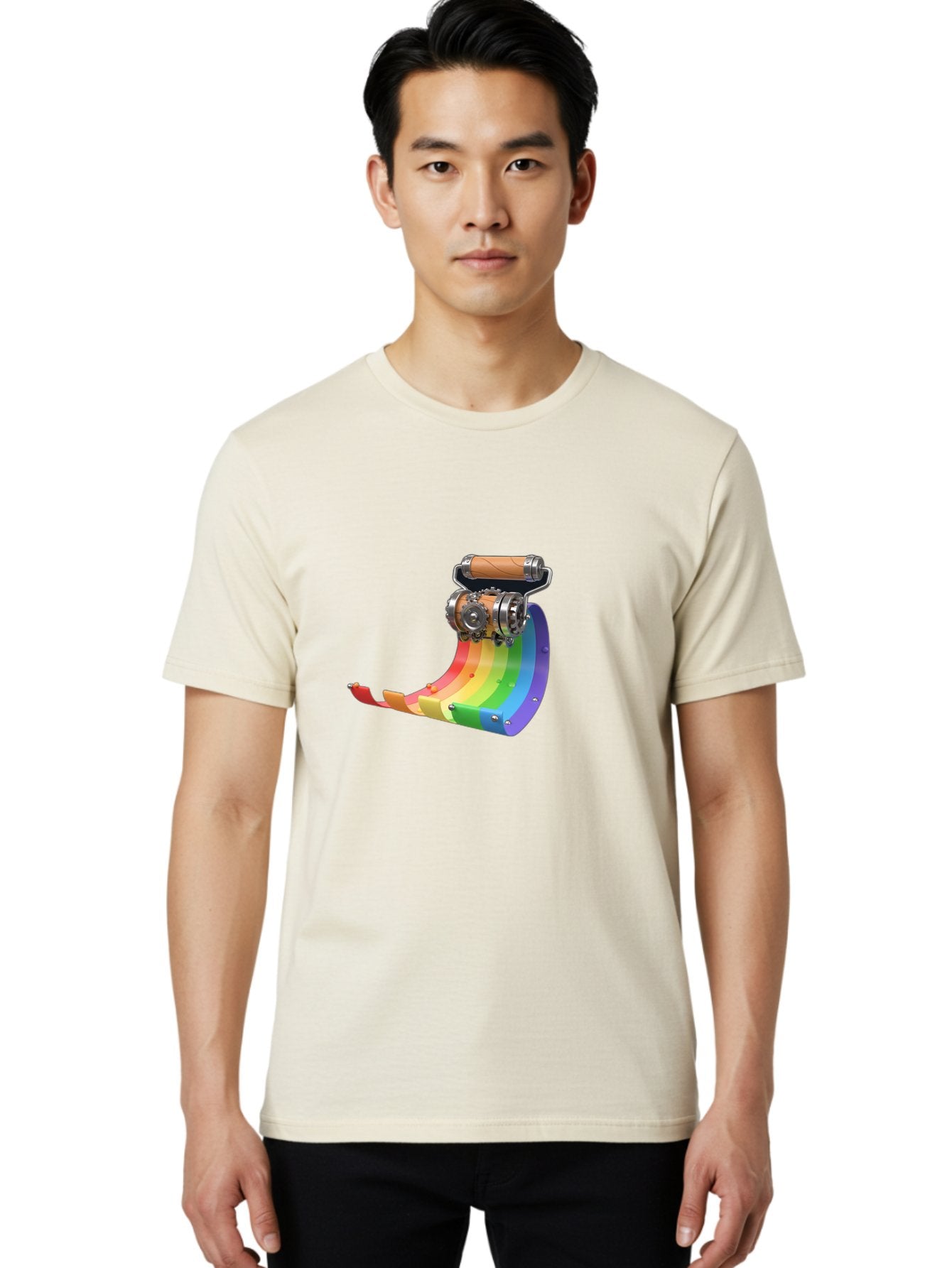 Camera-On-Strip Men'S Graphic Tee, 100% Cotton, Comfortable Casual Summer Wear, Machine Washable, Steampunk Machinery, Industrial Design, Rainbow-Colored Metal, 3D Rendering, Futuristic Technology, Retro-Futurism, Imaginative Concept, Bac772 21