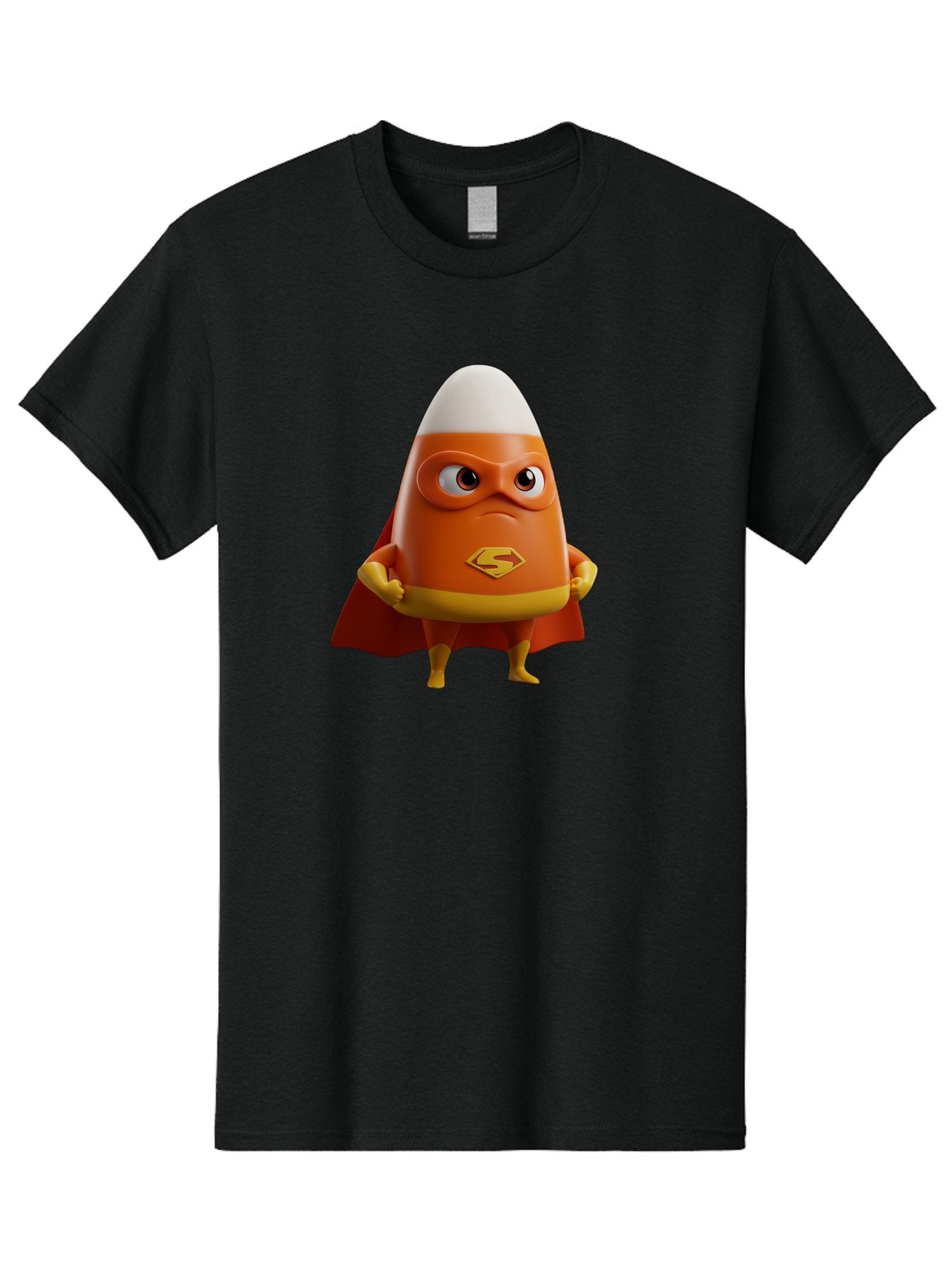 Candy-Corn-Superhero Men'S Graphic Tee, 100% Cotton, Comfortable Casual Summer Wear, Machine Washable, Candy Corn Character, Superman Costume, Superhero Theme, Cartoon Style, Orange And Yellow, Playful Design, 3D Illustration, Bac777 15