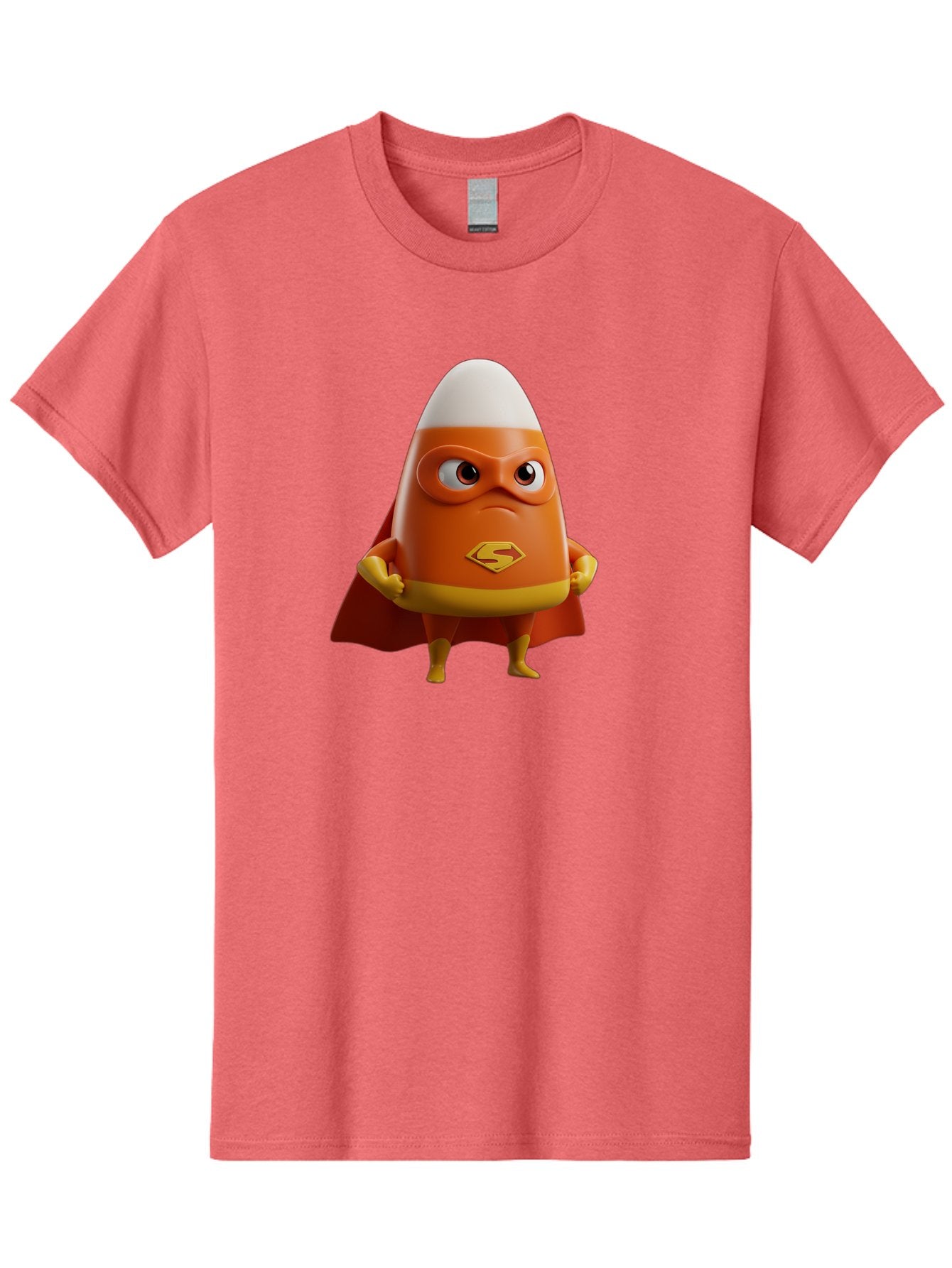 Candy-Corn-Superhero Men'S Graphic Tee, 100% Cotton, Comfortable Casual Summer Wear, Machine Washable, Candy Corn Character, Superman Costume, Superhero Theme, Cartoon Style, Orange And Yellow, Playful Design, 3D Illustration, Bac777