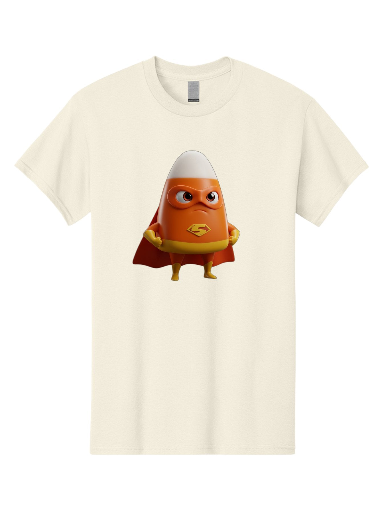 Candy-Corn-Superhero Men'S Graphic Tee, 100% Cotton, Comfortable Casual Summer Wear, Machine Washable, Candy Corn Character, Superman Costume, Superhero Theme, Cartoon Style, Orange And Yellow, Playful Design, 3D Illustration, Bac777 4