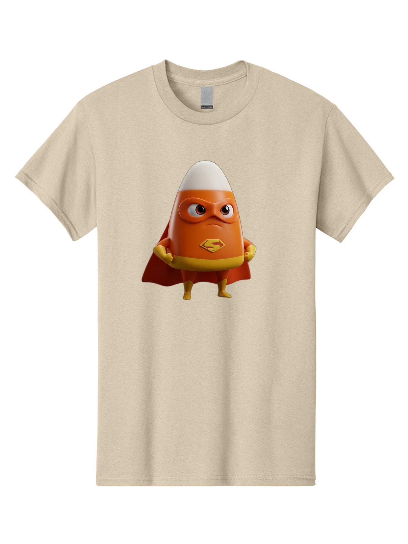 Candy-Corn-Superhero Men'S Graphic Tee, 100% Cotton, Comfortable Casual Summer Wear, Machine Washable, Candy Corn Character, Superman Costume, Superhero Theme, Cartoon Style, Orange And Yellow, Playful Design, 3D Illustration, Bac777 10