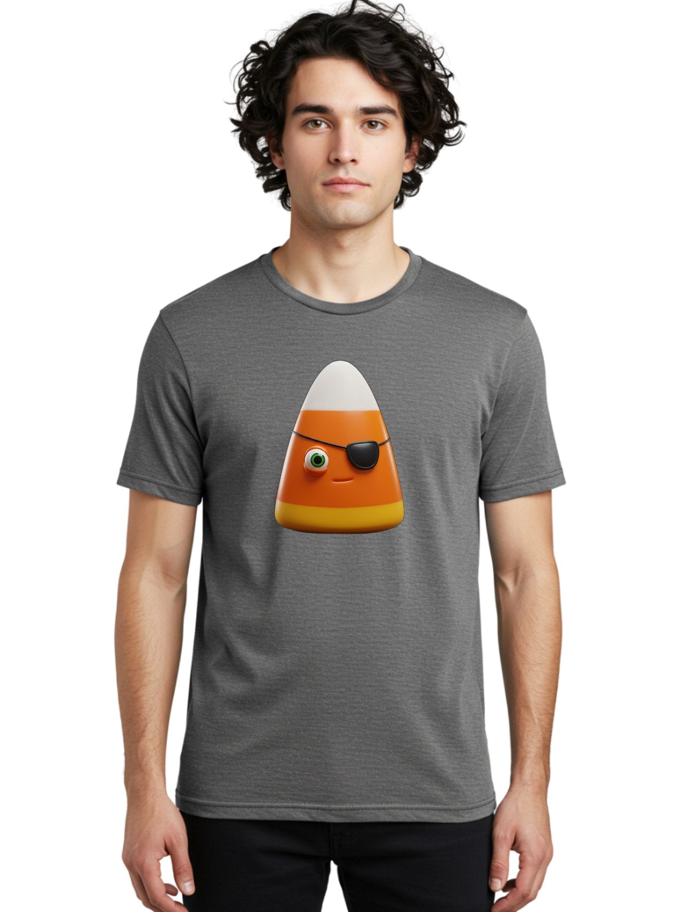 Candy-Corn-With-Eye-Patch Men'S Graphic Tee, 100% Cotton, Comfortable Casual Summer Wear, Machine Washable, Candy Corn Cartoon Character, Halloween Candy, Pirate-Themed Sweets, Sweet Treats, Colorful Candy, Fun Halloween, Cartoon Graphics, Bac778 16