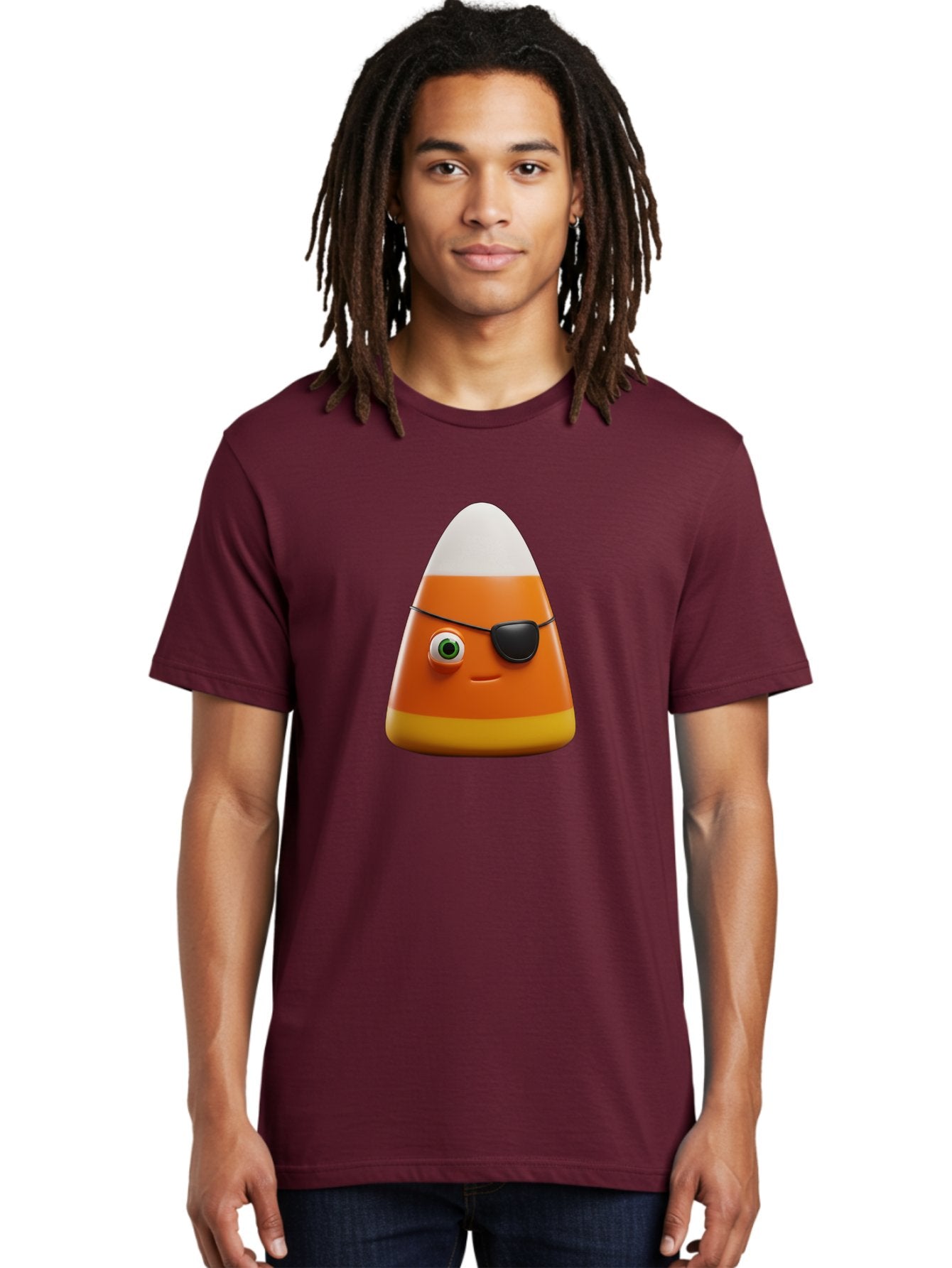 Candy-Corn-With-Eye-Patch Men'S Graphic Tee, 100% Cotton, Comfortable Casual Summer Wear, Machine Washable, Candy Corn Cartoon Character, Halloween Candy, Pirate-Themed Sweets, Sweet Treats, Colorful Candy, Fun Halloween, Cartoon Graphics, Bac778 28