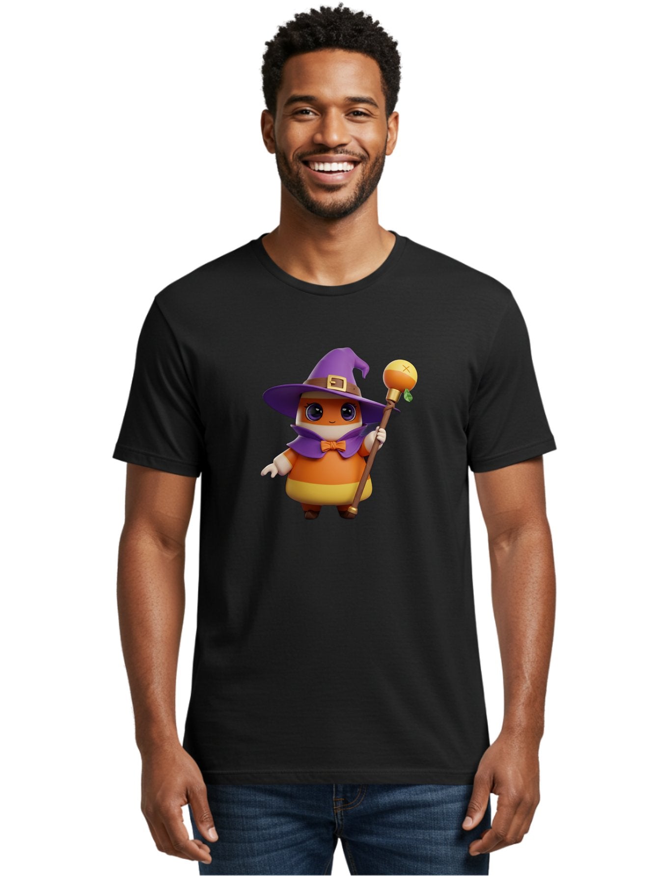 Candy-Witch Men'S Graphic Tee, 100% Cotton, Comfortable Casual Summer Wear, Machine Washable, Candy Character, Wizard Hat, Magical Staff, Orange Bow Tie, Purple Cape, Cartoon Style, Fantasy Creature, Sweet Treat, Magical Powers, Bac780 26