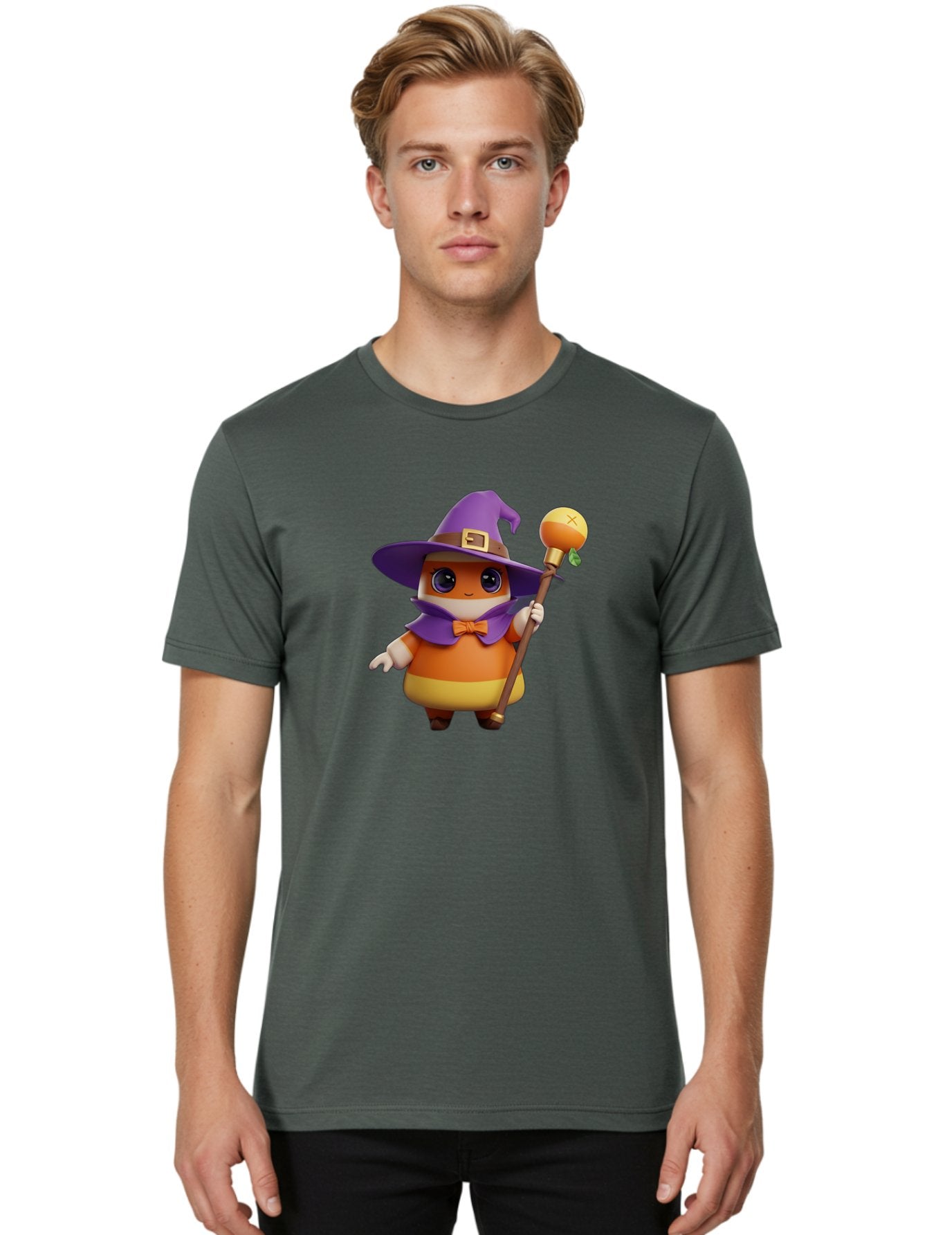 Candy-Witch Men'S Graphic Tee, 100% Cotton, Comfortable Casual Summer Wear, Machine Washable, Candy Character, Wizard Hat, Magical Staff, Orange Bow Tie, Purple Cape, Cartoon Style, Fantasy Creature, Sweet Treat, Magical Powers, Bac780 19