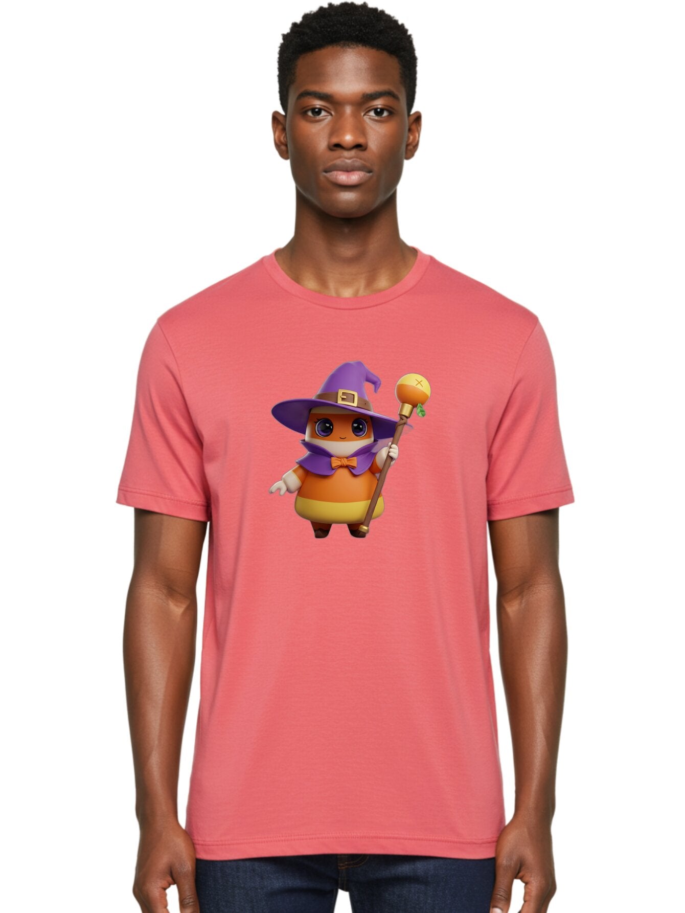 Candy-Witch Men'S Graphic Tee, 100% Cotton, Comfortable Casual Summer Wear, Machine Washable, Candy Character, Wizard Hat, Magical Staff, Orange Bow Tie, Purple Cape, Cartoon Style, Fantasy Creature, Sweet Treat, Magical Powers, Bac780 16