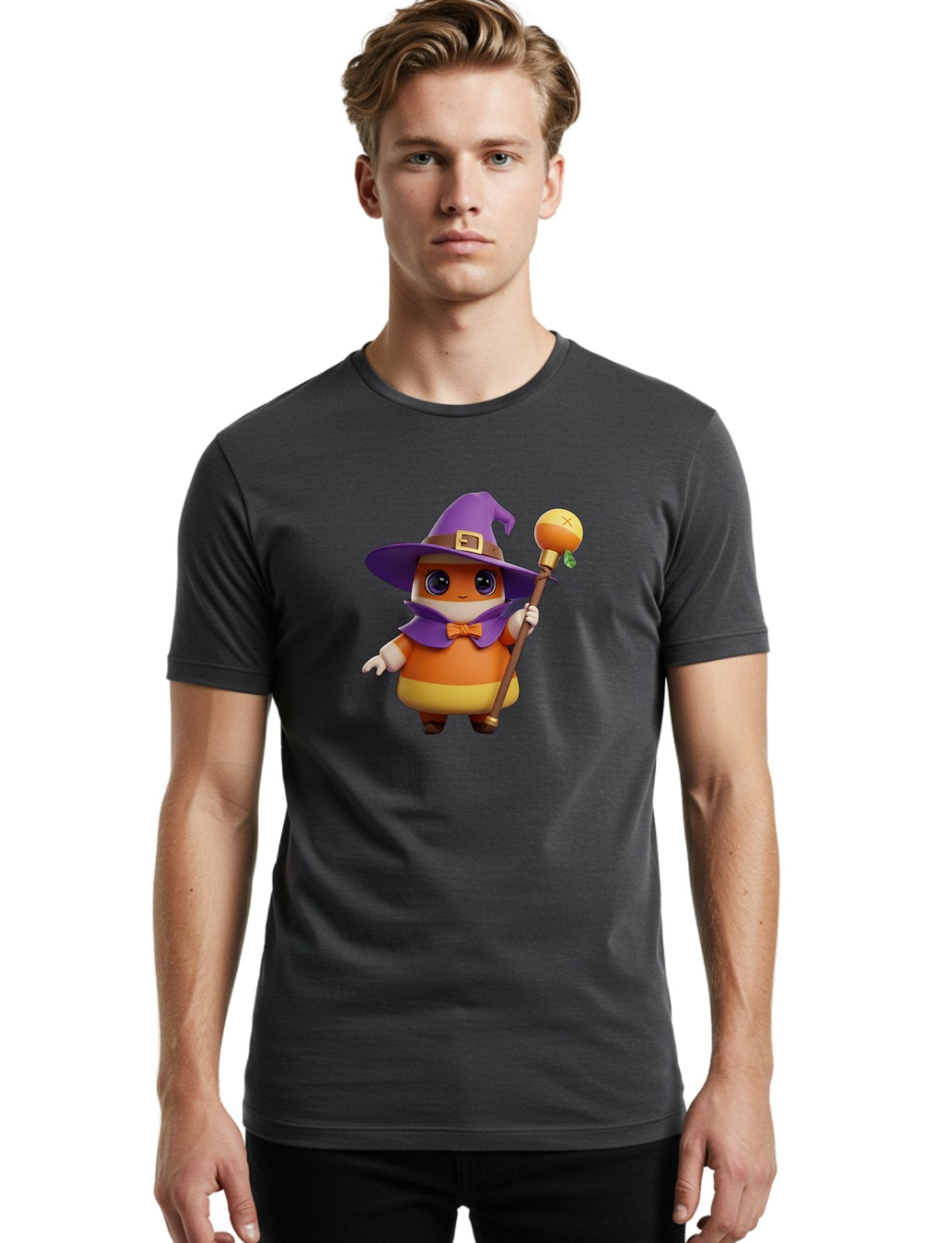 Candy-Witch Men'S Graphic Tee, 100% Cotton, Comfortable Casual Summer Wear, Machine Washable, Candy Character, Wizard Hat, Magical Staff, Orange Bow Tie, Purple Cape, Cartoon Style, Fantasy Creature, Sweet Treat, Magical Powers, Bac780 25