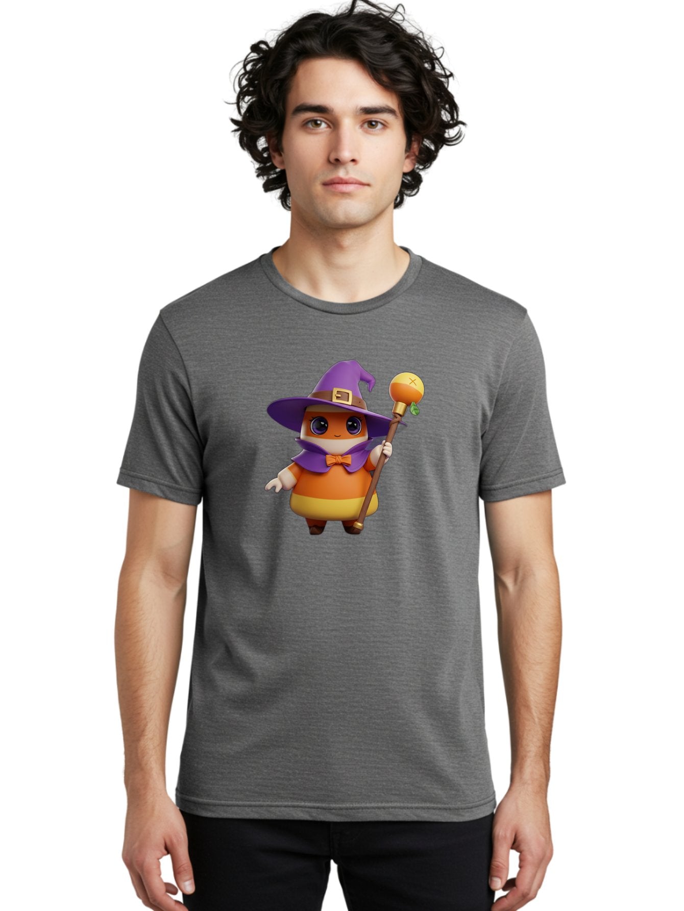 Candy-Witch Men'S Graphic Tee, 100% Cotton, Comfortable Casual Summer Wear, Machine Washable, Candy Character, Wizard Hat, Magical Staff, Orange Bow Tie, Purple Cape, Cartoon Style, Fantasy Creature, Sweet Treat, Magical Powers, Bac780 22
