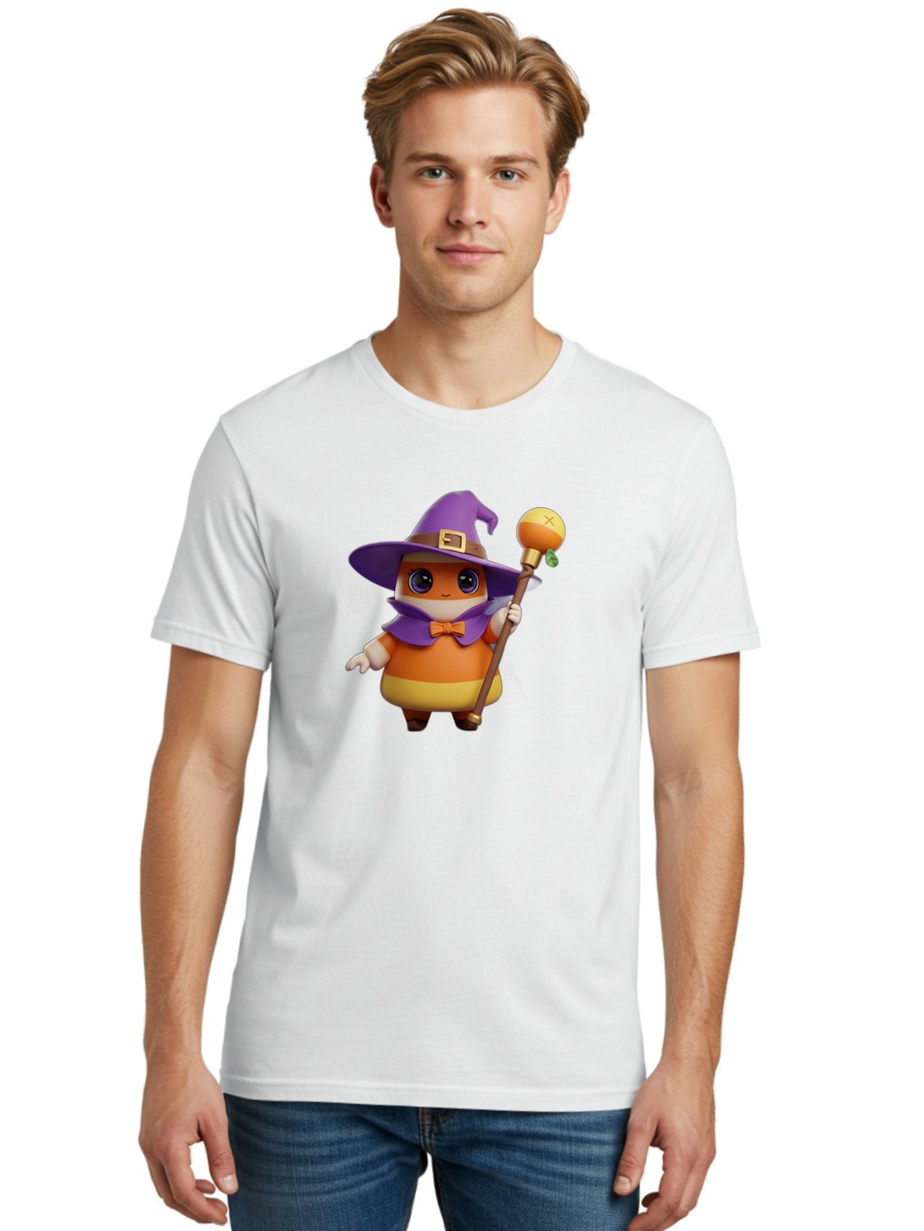 Candy-Witch Men'S Graphic Tee, 100% Cotton, Comfortable Casual Summer Wear, Machine Washable, Candy Character, Wizard Hat, Magical Staff, Orange Bow Tie, Purple Cape, Cartoon Style, Fantasy Creature, Sweet Treat, Magical Powers, Bac780 21