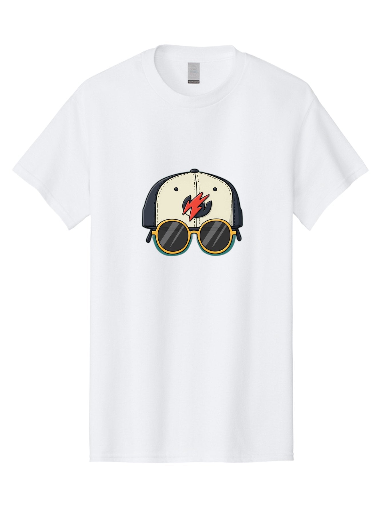 Cap-With-Sunglasses-And-Lightning-Bolt Men'S Graphic Tee, 100% Cotton, Comfortable Casual Summer Wear, Machine Washable, Baseball Cap, Trendy Sunglasses, Red Lightning Bolt, Cool Design, Fashionable Accessories, Stylish Hat, Yellow Frames, Bac781 15