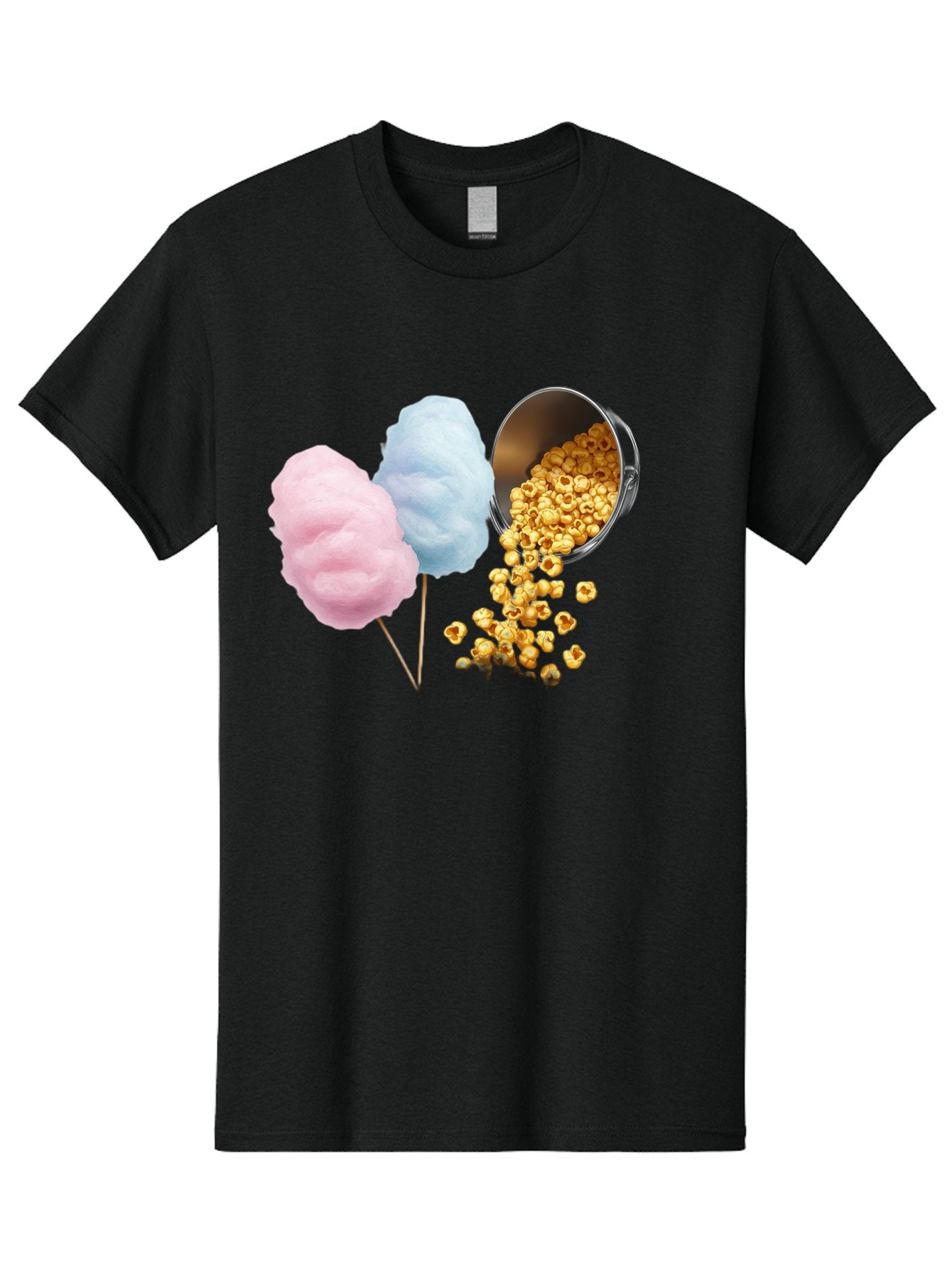 Caramel-Popcorn-And-Cotton-Candy Men'S Graphic Tee, 100% Cotton, Comfortable Casual Summer Wear, Machine Washable, Cotton Candy, Caramel Popcorn, Sweet Treats, Fair Food, Party Snacks, Tasty Delights, Fluffy Cotton Candy, Sticky Caramel, Bac782 3