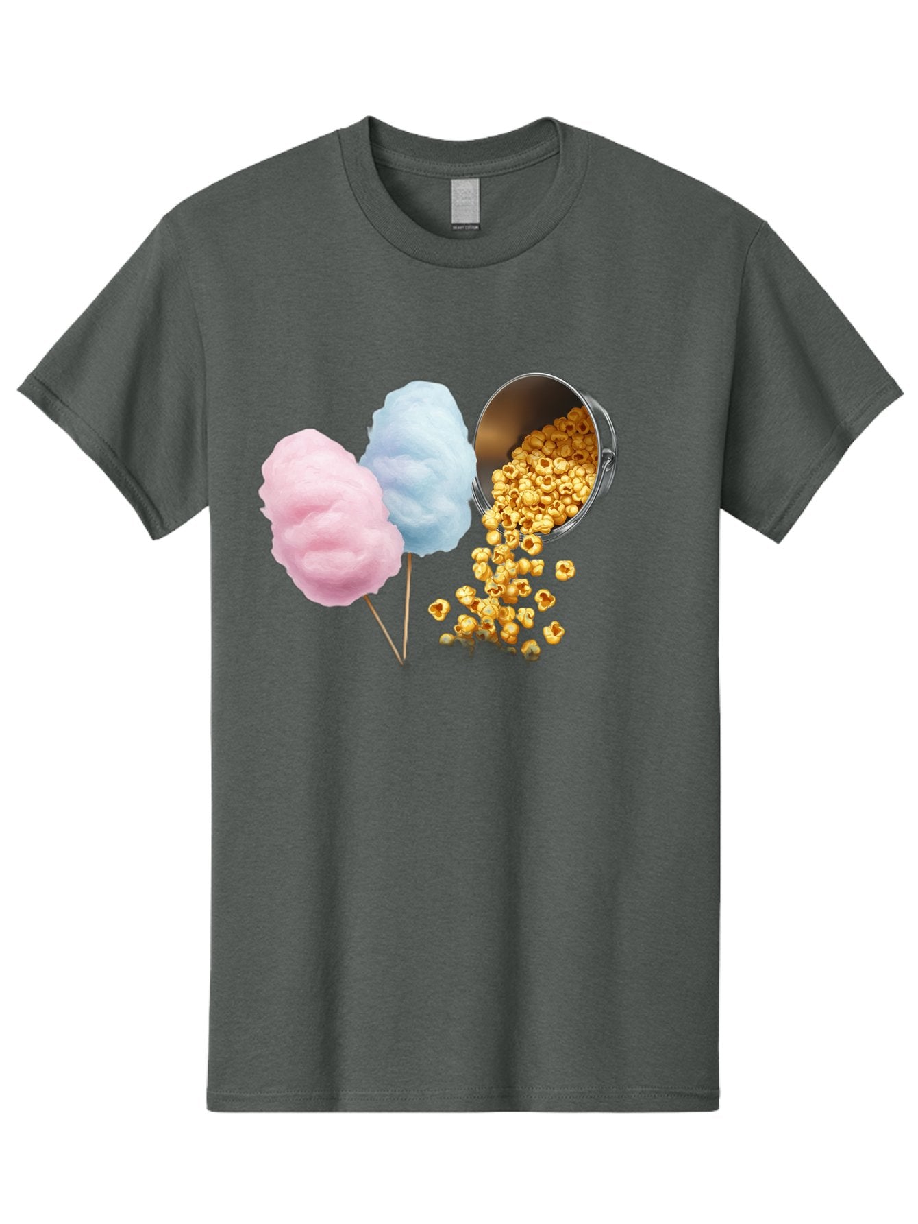 Caramel-Popcorn-And-Cotton-Candy Men'S Graphic Tee, 100% Cotton, Comfortable Casual Summer Wear, Machine Washable, Cotton Candy, Caramel Popcorn, Sweet Treats, Fair Food, Party Snacks, Tasty Delights, Fluffy Cotton Candy, Sticky Caramel, Bac782 11