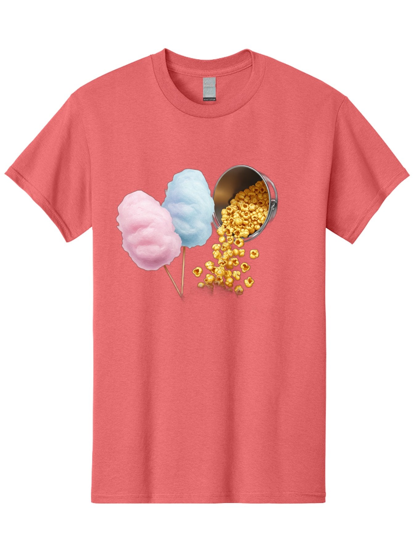Caramel-Popcorn-And-Cotton-Candy Men'S Graphic Tee, 100% Cotton, Comfortable Casual Summer Wear, Machine Washable, Cotton Candy, Caramel Popcorn, Sweet Treats, Fair Food, Party Snacks, Tasty Delights, Fluffy Cotton Candy, Sticky Caramel, Bac782 5