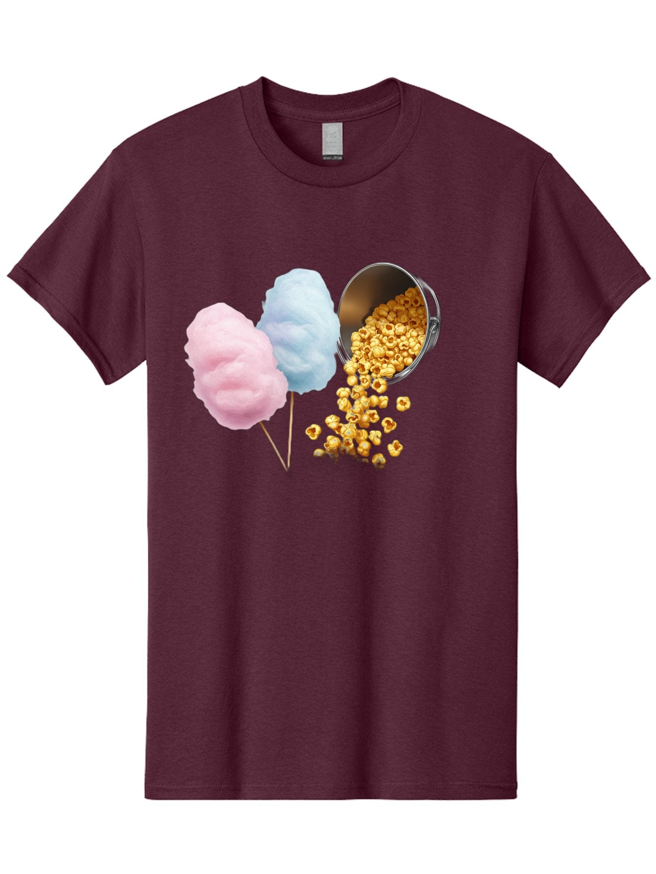 Caramel-Popcorn-And-Cotton-Candy Men'S Graphic Tee, 100% Cotton, Comfortable Casual Summer Wear, Machine Washable, Cotton Candy, Caramel Popcorn, Sweet Treats, Fair Food, Party Snacks, Tasty Delights, Fluffy Cotton Candy, Sticky Caramel, Bac782 6