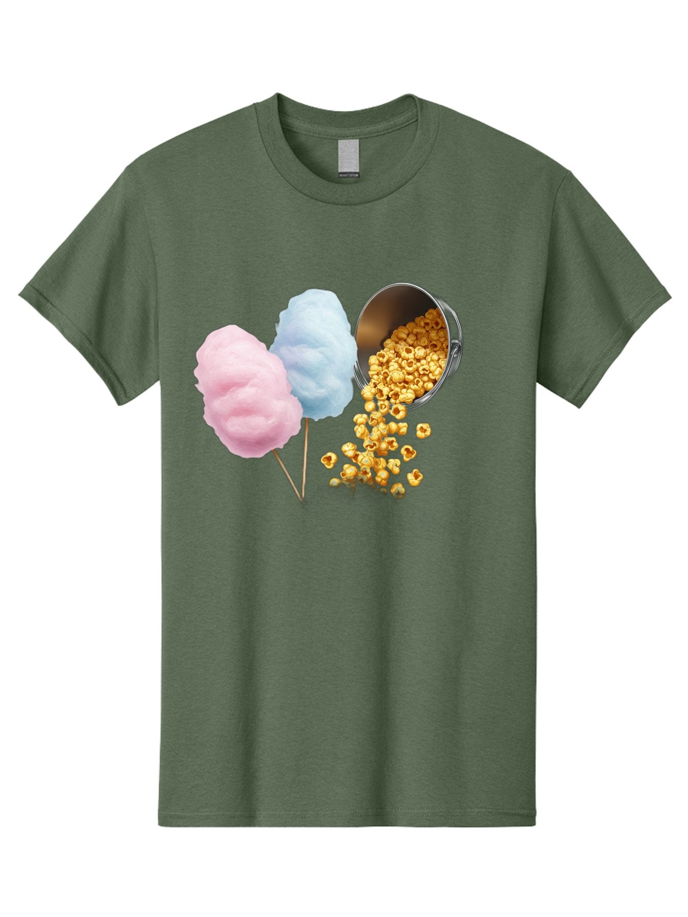 Caramel-Popcorn-And-Cotton-Candy Men'S Graphic Tee, 100% Cotton, Comfortable Casual Summer Wear, Machine Washable, Cotton Candy, Caramel Popcorn, Sweet Treats, Fair Food, Party Snacks, Tasty Delights, Fluffy Cotton Candy, Sticky Caramel, Bac782 4