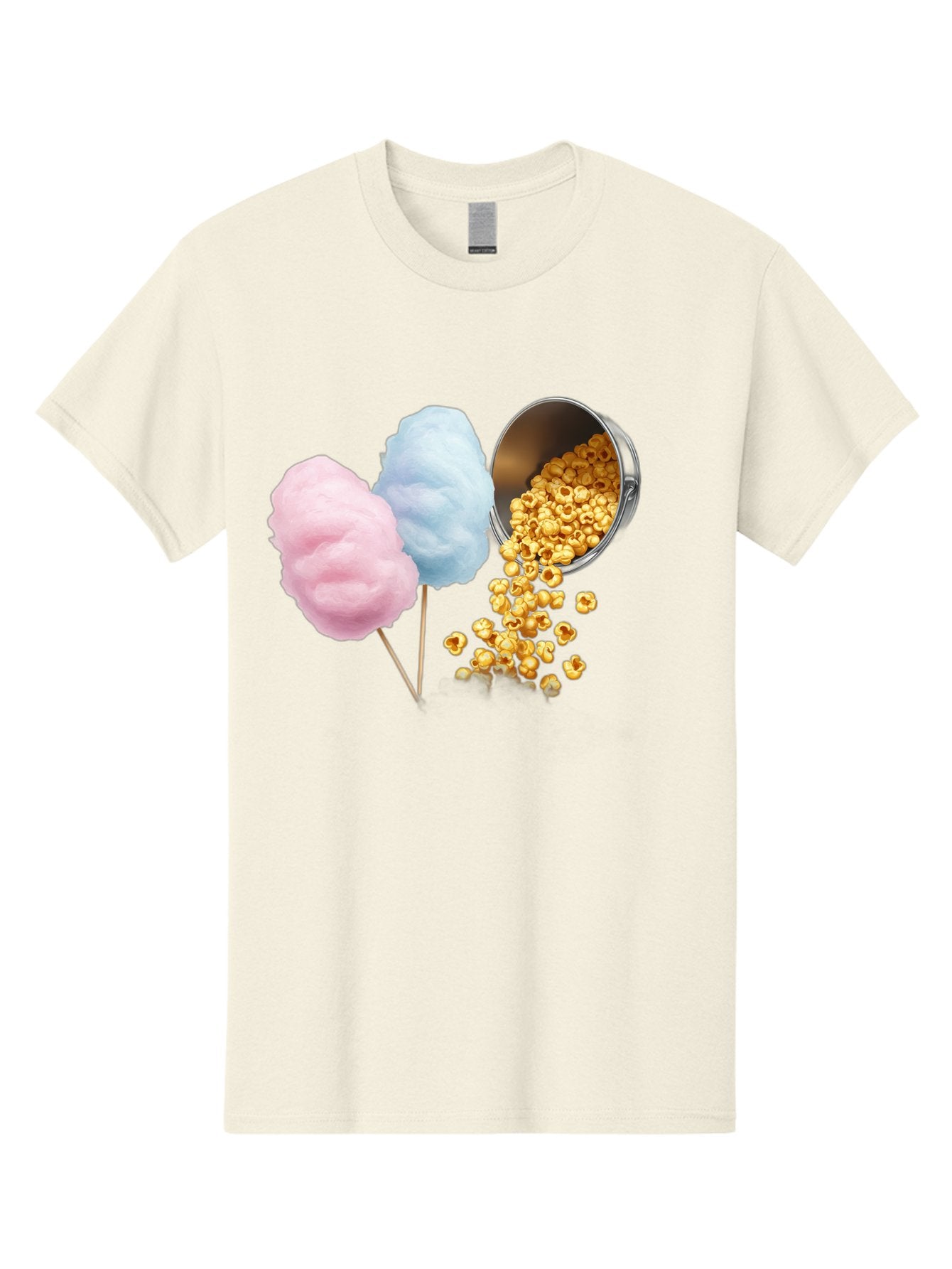 Caramel-Popcorn-And-Cotton-Candy Men'S Graphic Tee, 100% Cotton, Comfortable Casual Summer Wear, Machine Washable, Cotton Candy, Caramel Popcorn, Sweet Treats, Fair Food, Party Snacks, Tasty Delights, Fluffy Cotton Candy, Sticky Caramel, Bac782 8
