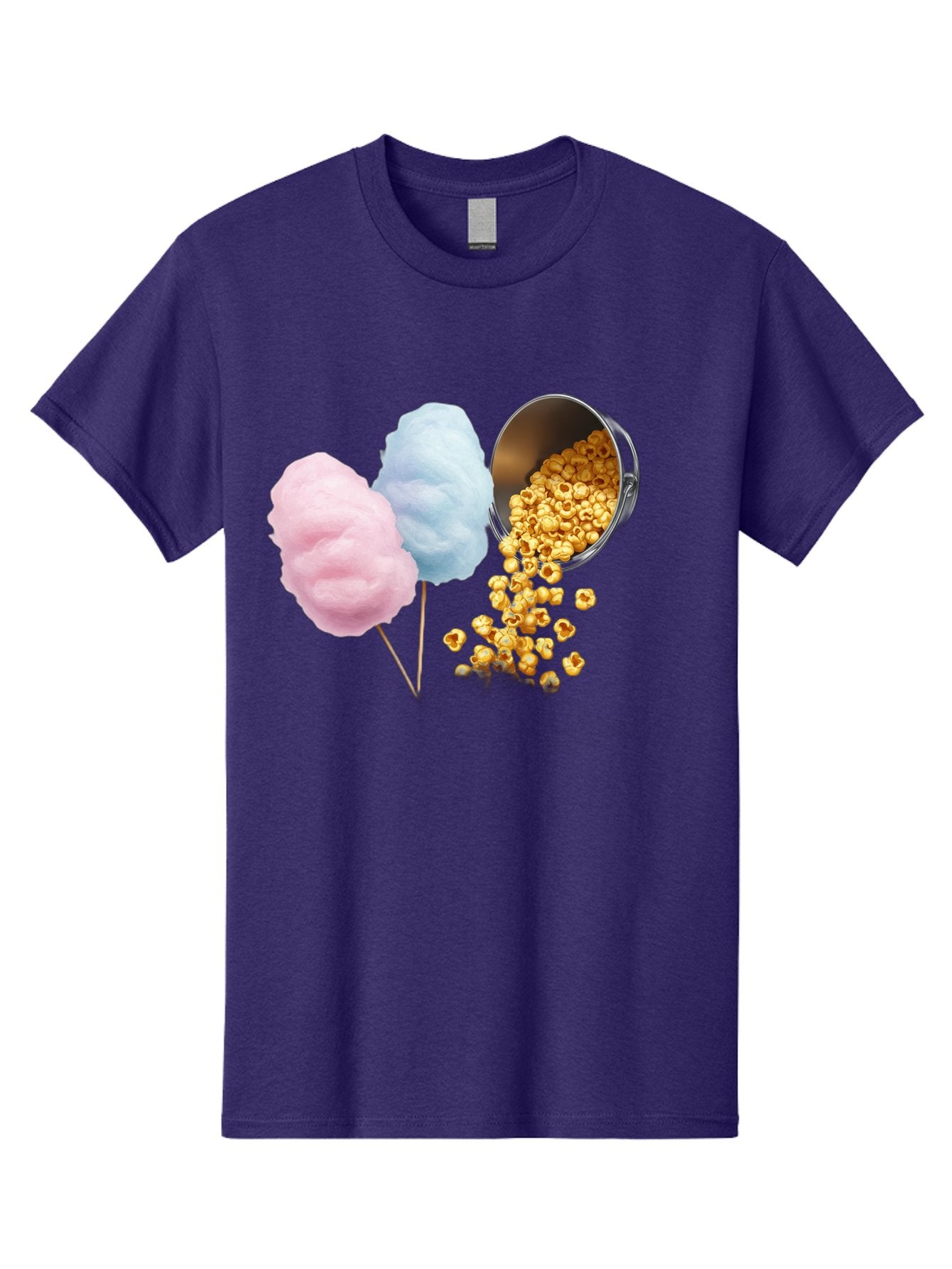 Caramel-Popcorn-And-Cotton-Candy Men'S Graphic Tee, 100% Cotton, Comfortable Casual Summer Wear, Machine Washable, Cotton Candy, Caramel Popcorn, Sweet Treats, Fair Food, Party Snacks, Tasty Delights, Fluffy Cotton Candy, Sticky Caramel, Bac782 9