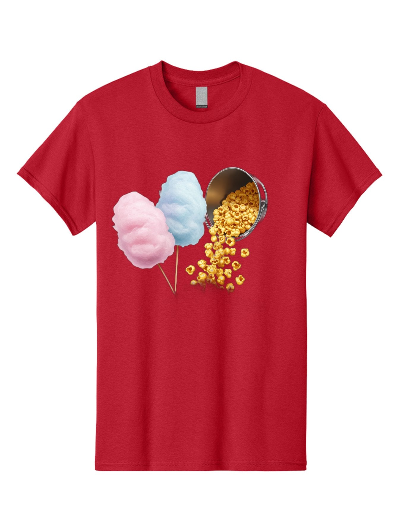 Caramel-Popcorn-And-Cotton-Candy Men'S Graphic Tee, 100% Cotton, Comfortable Casual Summer Wear, Machine Washable, Cotton Candy, Caramel Popcorn, Sweet Treats, Fair Food, Party Snacks, Tasty Delights, Fluffy Cotton Candy, Sticky Caramel, Bac782