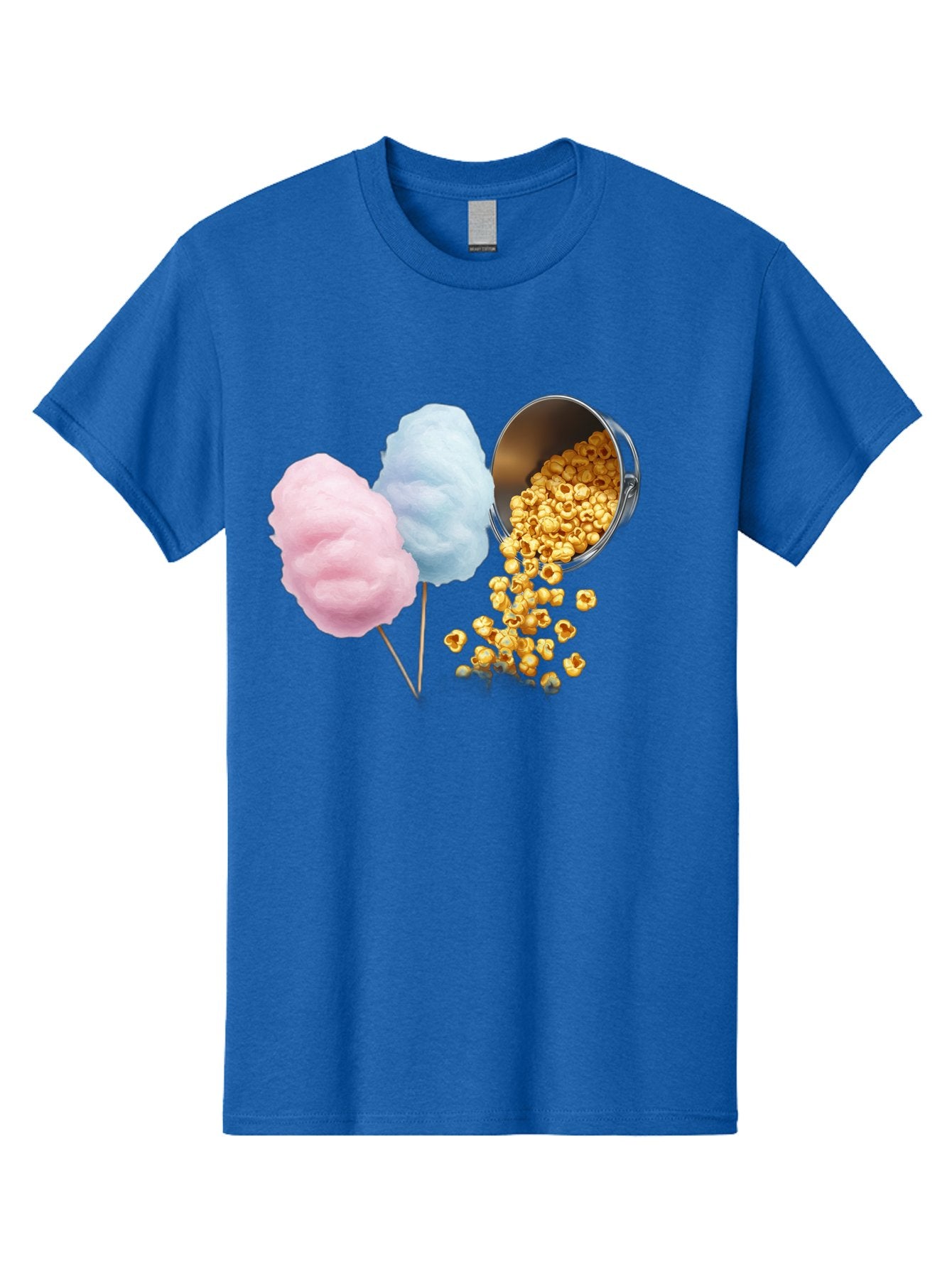 Caramel-Popcorn-And-Cotton-Candy Men'S Graphic Tee, 100% Cotton, Comfortable Casual Summer Wear, Machine Washable, Cotton Candy, Caramel Popcorn, Sweet Treats, Fair Food, Party Snacks, Tasty Delights, Fluffy Cotton Candy, Sticky Caramel, Bac782 12