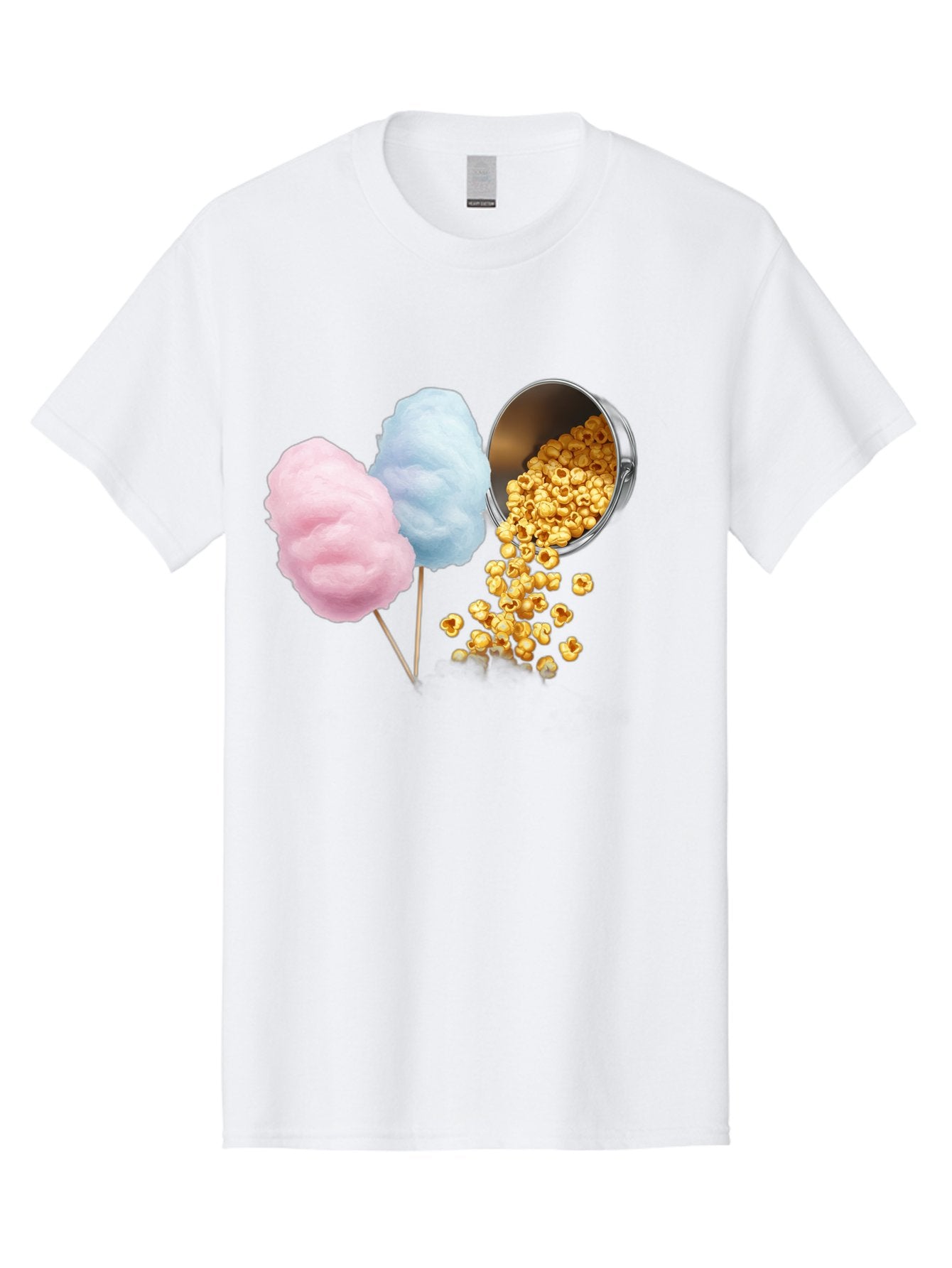 Caramel-Popcorn-And-Cotton-Candy Men'S Graphic Tee, 100% Cotton, Comfortable Casual Summer Wear, Machine Washable, Cotton Candy, Caramel Popcorn, Sweet Treats, Fair Food, Party Snacks, Tasty Delights, Fluffy Cotton Candy, Sticky Caramel, Bac782