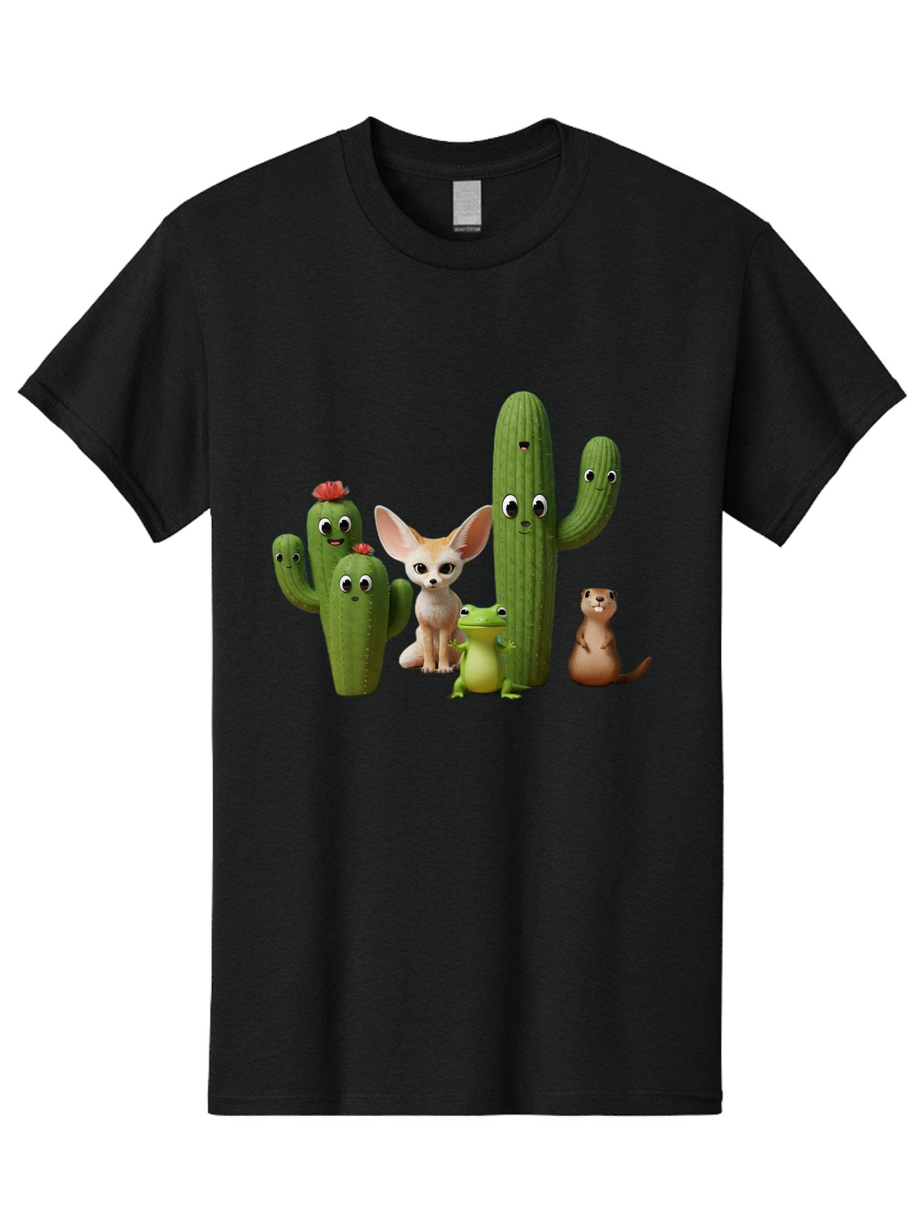 Cartoon-Cactus-And-Animals Men'S Graphic Tee, 100% Cotton, Comfortable Casual Summer Wear, Machine Washable, Cartoon Cacti, 3D Illustration, Desert Animals, Cute Wildlife, Digital Artwork, Funny Characters, Cartoon Characters, Cactus Friends, Bac788