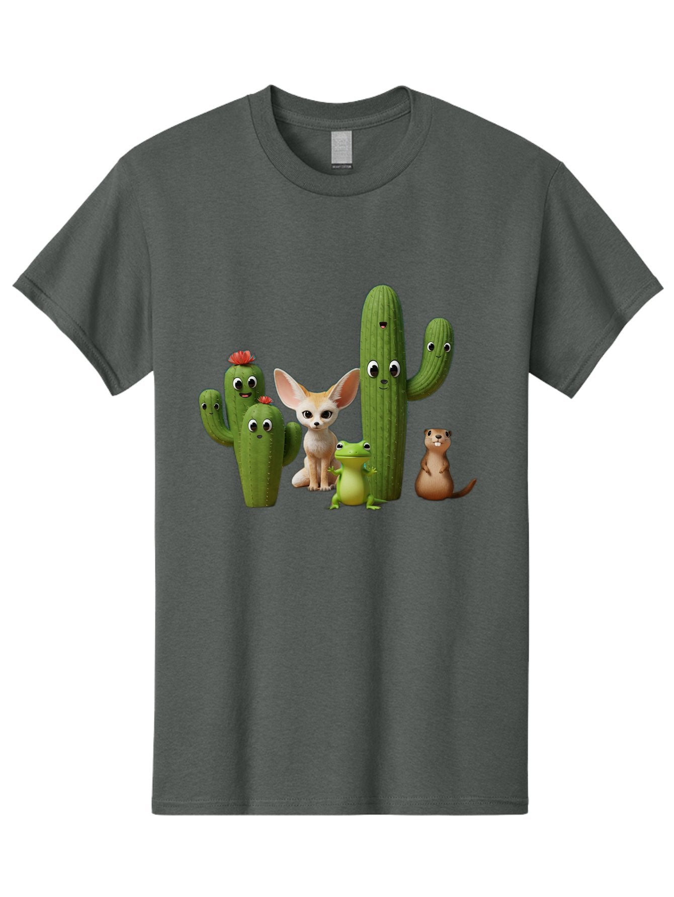 Cartoon-Cactus-And-Animals Men'S Graphic Tee, 100% Cotton, Comfortable Casual Summer Wear, Machine Washable, Cartoon Cacti, 3D Illustration, Desert Animals, Cute Wildlife, Digital Artwork, Funny Characters, Cartoon Characters, Cactus Friends, Bac788 9