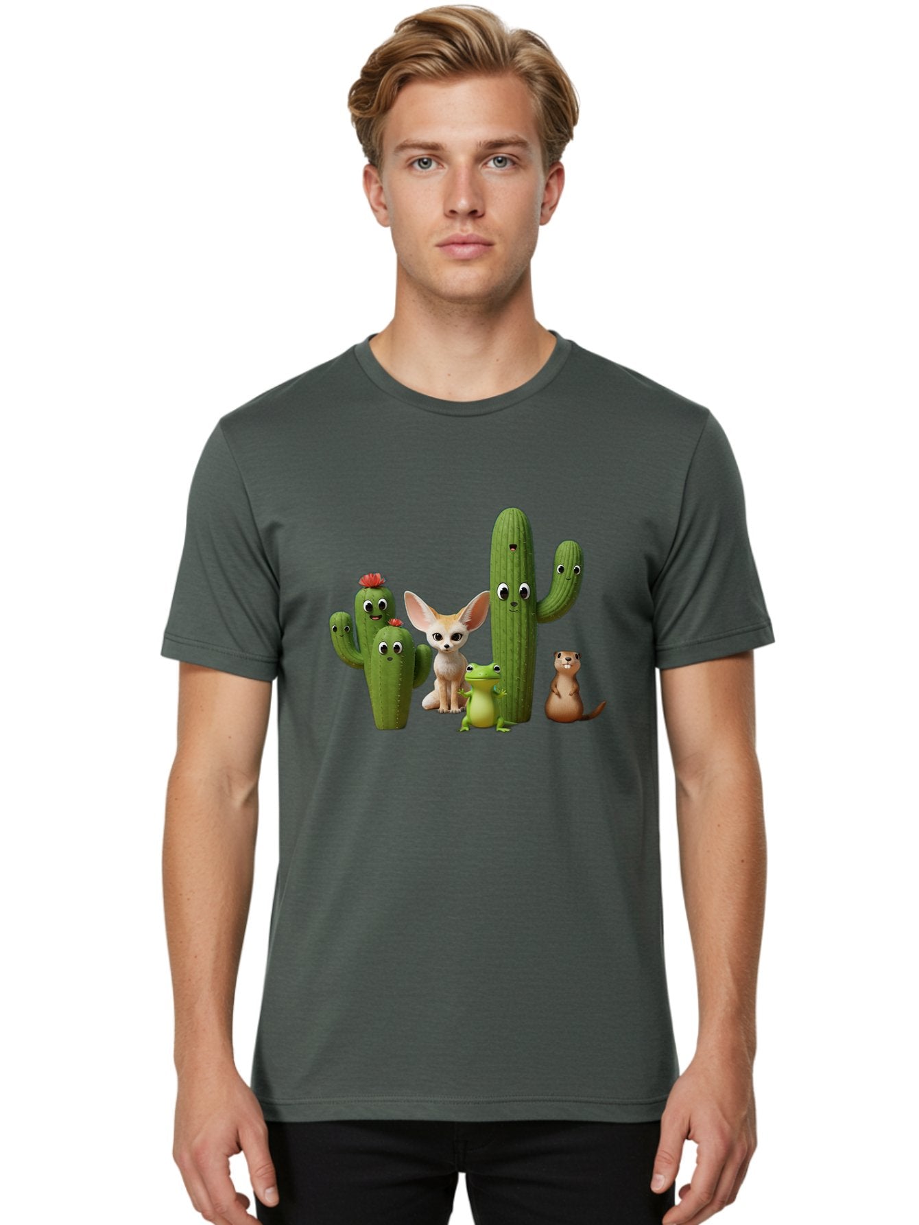 Cartoon-Cactus-And-Animals Men'S Graphic Tee, 100% Cotton, Comfortable Casual Summer Wear, Machine Washable, Cartoon Cacti, 3D Illustration, Desert Animals, Cute Wildlife, Digital Artwork, Funny Characters, Cartoon Characters, Cactus Friends, Bac788 26
