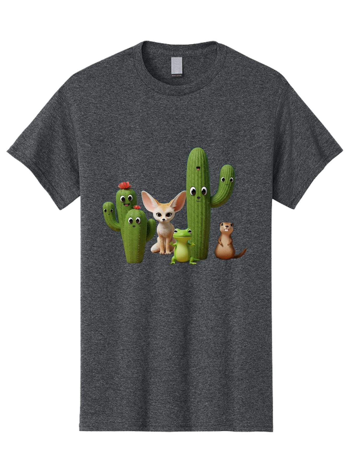 Cartoon-Cactus-And-Animals Men'S Graphic Tee, 100% Cotton, Comfortable Casual Summer Wear, Machine Washable, Cartoon Cacti, 3D Illustration, Desert Animals, Cute Wildlife, Digital Artwork, Funny Characters, Cartoon Characters, Cactus Friends, Bac788 3