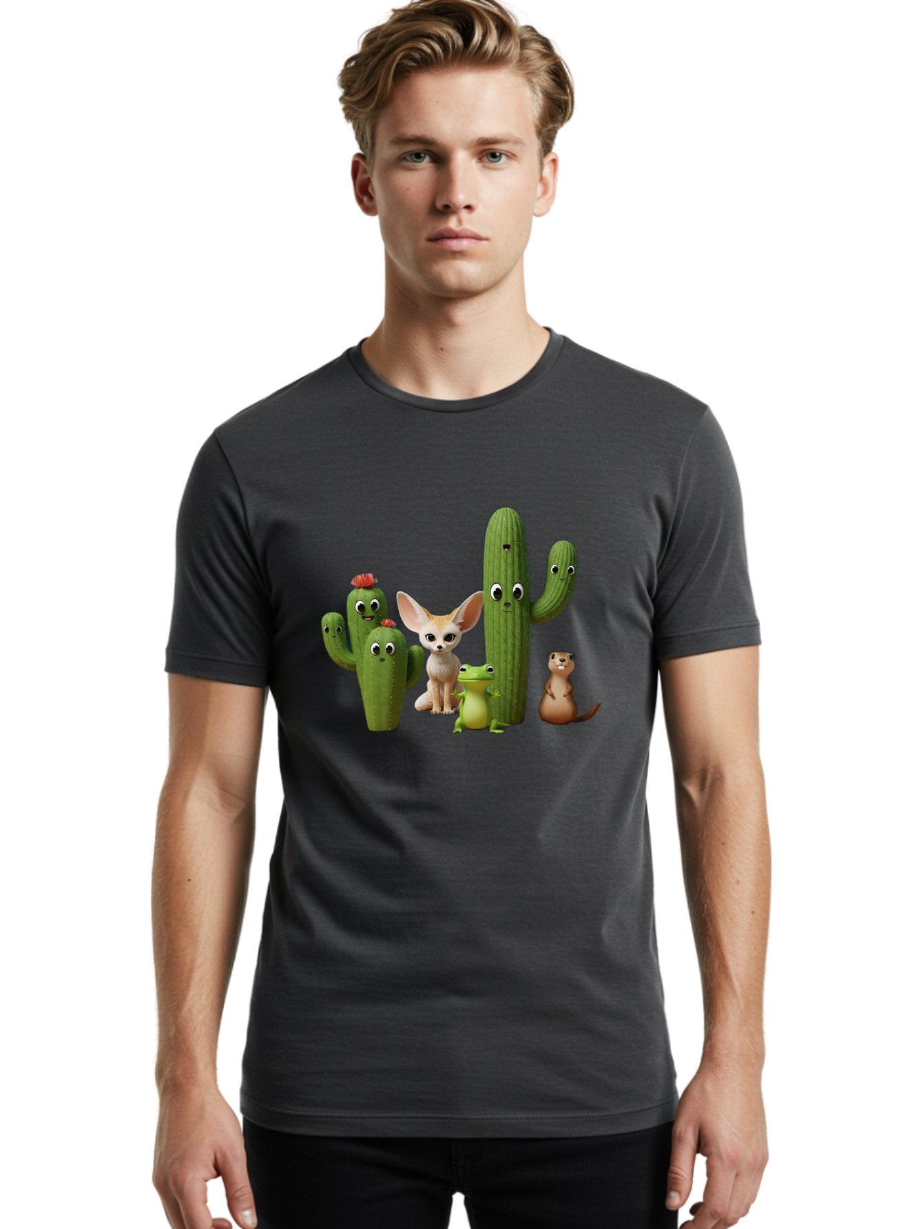 Cartoon-Cactus-And-Animals Men'S Graphic Tee, 100% Cotton, Comfortable Casual Summer Wear, Machine Washable, Cartoon Cacti, 3D Illustration, Desert Animals, Cute Wildlife, Digital Artwork, Funny Characters, Cartoon Characters, Cactus Friends, Bac788 22