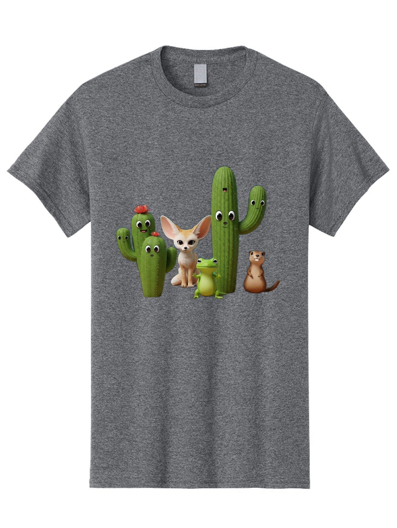 Cartoon-Cactus-And-Animals Men'S Graphic Tee, 100% Cotton, Comfortable Casual Summer Wear, Machine Washable, Cartoon Cacti, 3D Illustration, Desert Animals, Cute Wildlife, Digital Artwork, Funny Characters, Cartoon Characters, Cactus Friends, Bac788 7