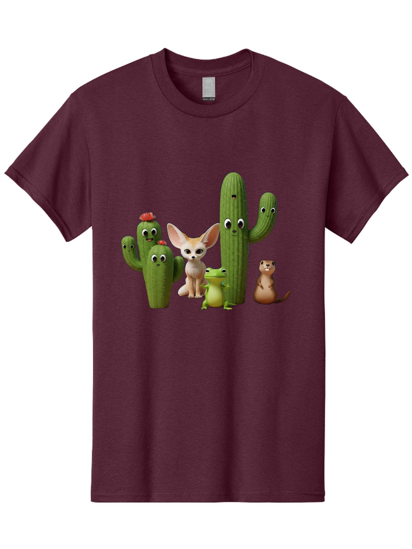 Cartoon-Cactus-And-Animals Men'S Graphic Tee, 100% Cotton, Comfortable Casual Summer Wear, Machine Washable, Cartoon Cacti, 3D Illustration, Desert Animals, Cute Wildlife, Digital Artwork, Funny Characters, Cartoon Characters, Cactus Friends, Bac788 11