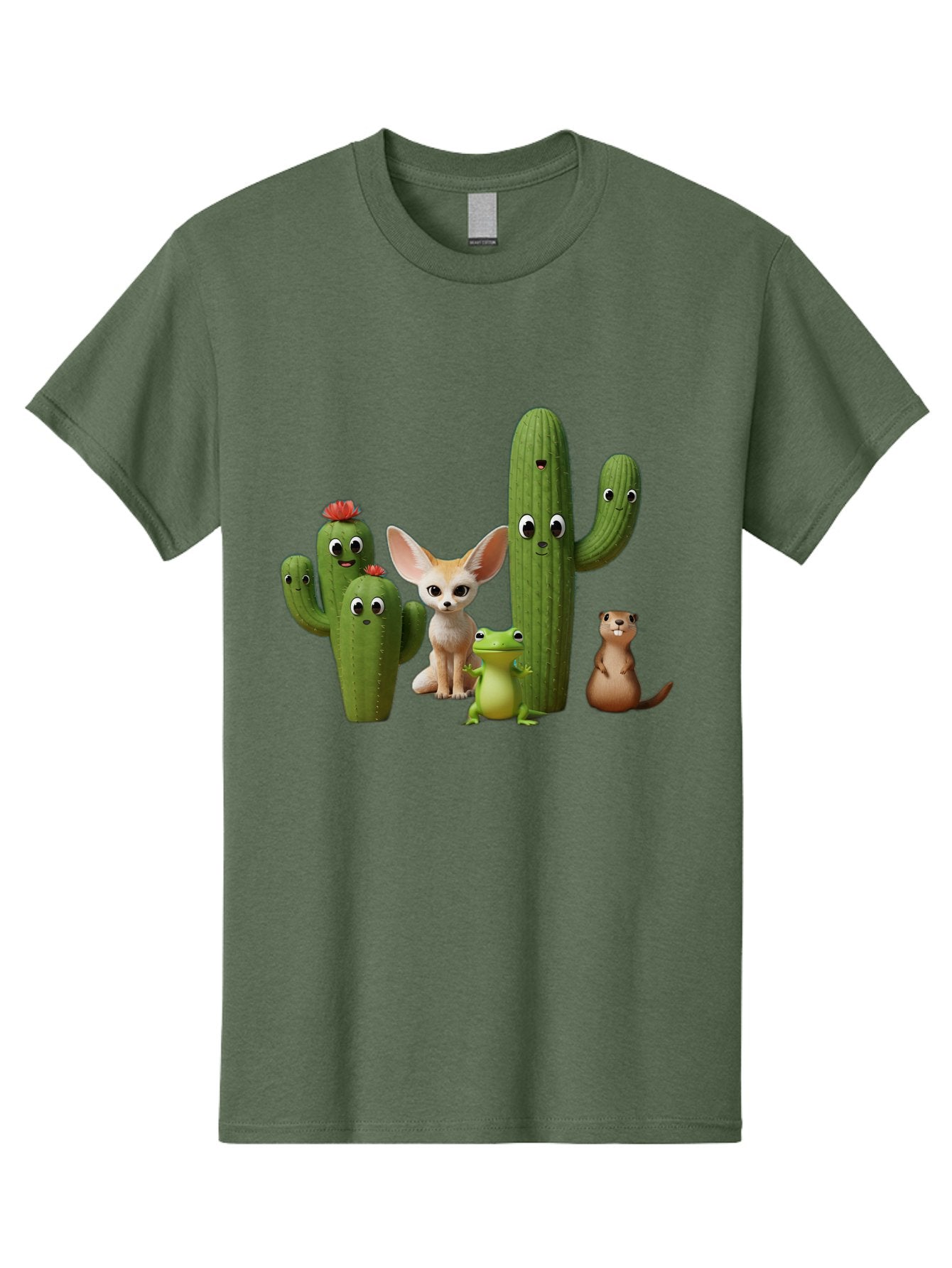 Cartoon-Cactus-And-Animals Men'S Graphic Tee, 100% Cotton, Comfortable Casual Summer Wear, Machine Washable, Cartoon Cacti, 3D Illustration, Desert Animals, Cute Wildlife, Digital Artwork, Funny Characters, Cartoon Characters, Cactus Friends, Bac788 8