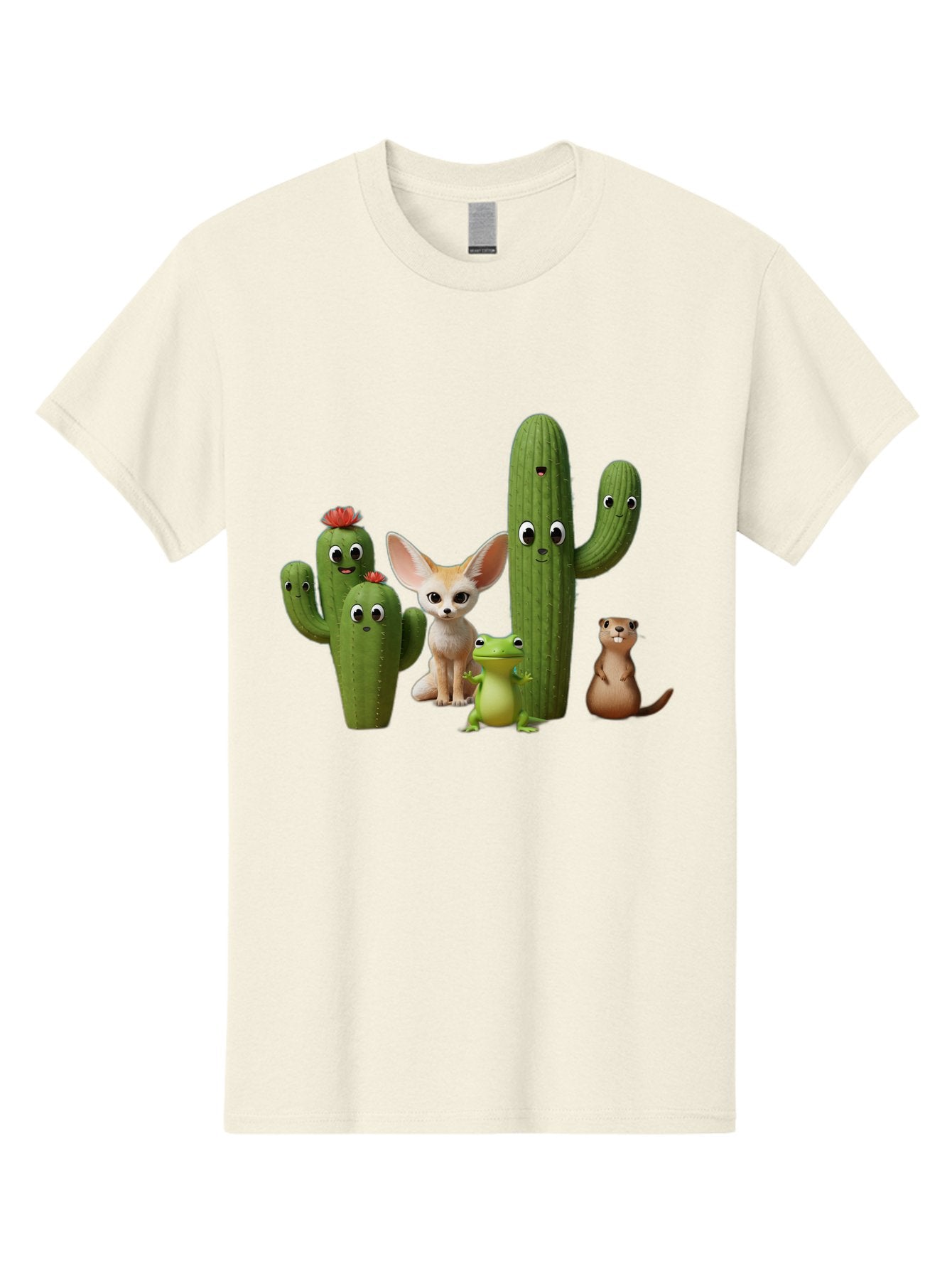 Cartoon-Cactus-And-Animals Men'S Graphic Tee, 100% Cotton, Comfortable Casual Summer Wear, Machine Washable, Cartoon Cacti, 3D Illustration, Desert Animals, Cute Wildlife, Digital Artwork, Funny Characters, Cartoon Characters, Cactus Friends, Bac788 10