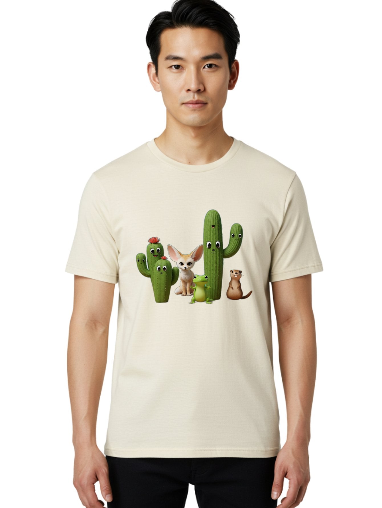 Cartoon-Cactus-And-Animals Men'S Graphic Tee, 100% Cotton, Comfortable Casual Summer Wear, Machine Washable, Cartoon Cacti, 3D Illustration, Desert Animals, Cute Wildlife, Digital Artwork, Funny Characters, Cartoon Characters, Cactus Friends, Bac788 17
