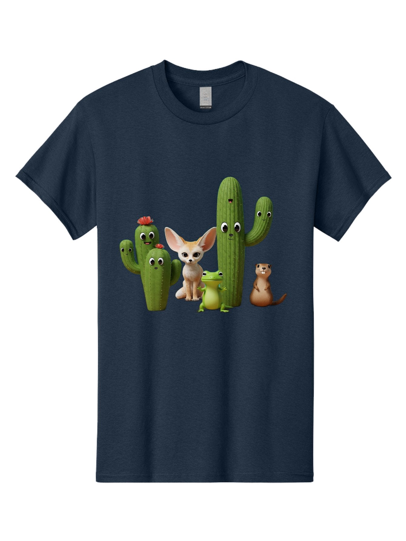 Cartoon-Cactus-And-Animals Men'S Graphic Tee, 100% Cotton, Comfortable Casual Summer Wear, Machine Washable, Cartoon Cacti, 3D Illustration, Desert Animals, Cute Wildlife, Digital Artwork, Funny Characters, Cartoon Characters, Cactus Friends, Bac788