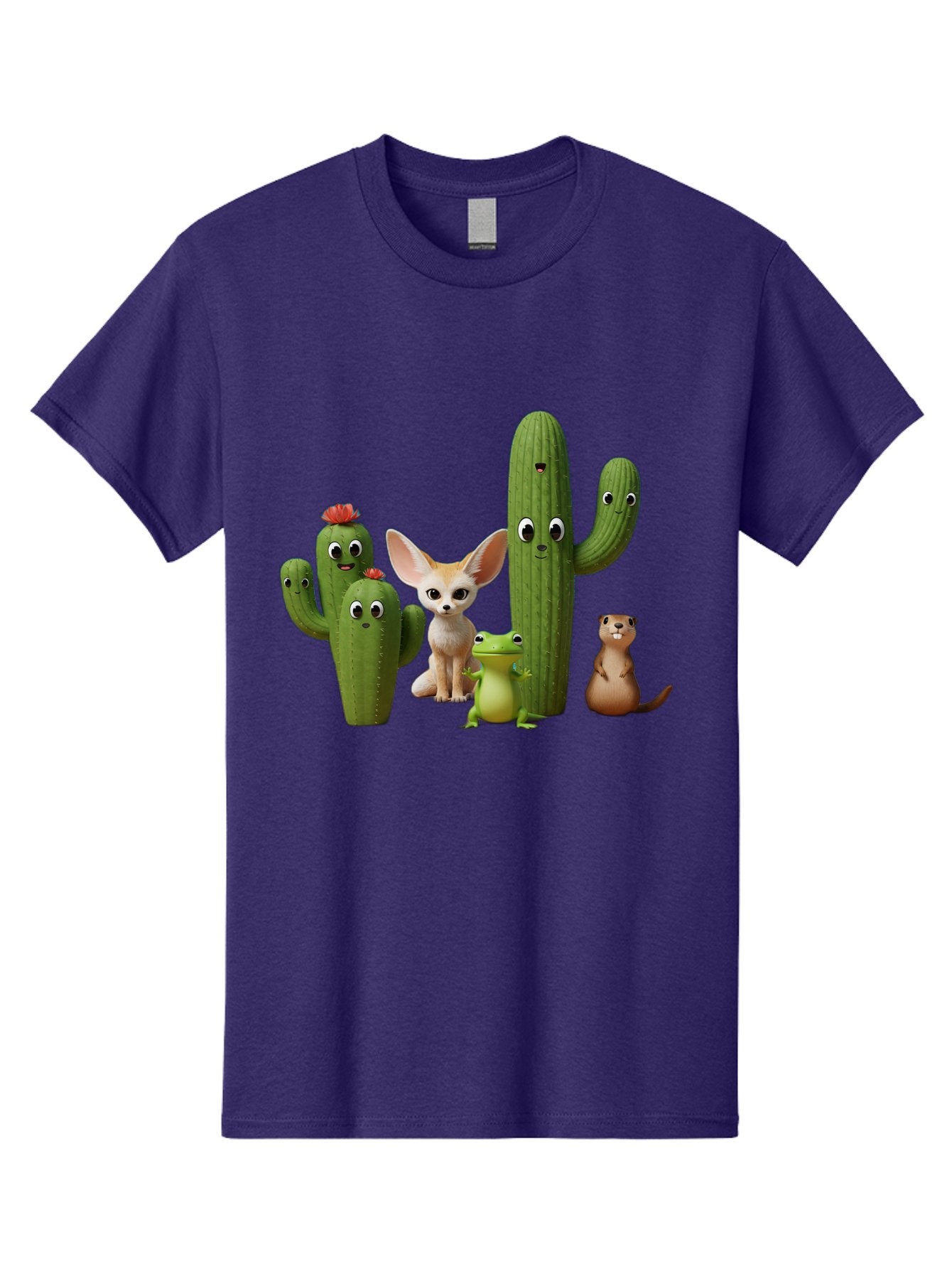 Cartoon-Cactus-And-Animals Men'S Graphic Tee, 100% Cotton, Comfortable Casual Summer Wear, Machine Washable, Cartoon Cacti, 3D Illustration, Desert Animals, Cute Wildlife, Digital Artwork, Funny Characters, Cartoon Characters, Cactus Friends, Bac788 15